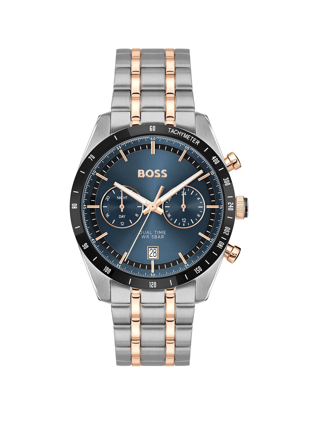 undefined Gents BOSS Tourmaster Dual Time Bi Colour Bracelet Watch with Blue Dial