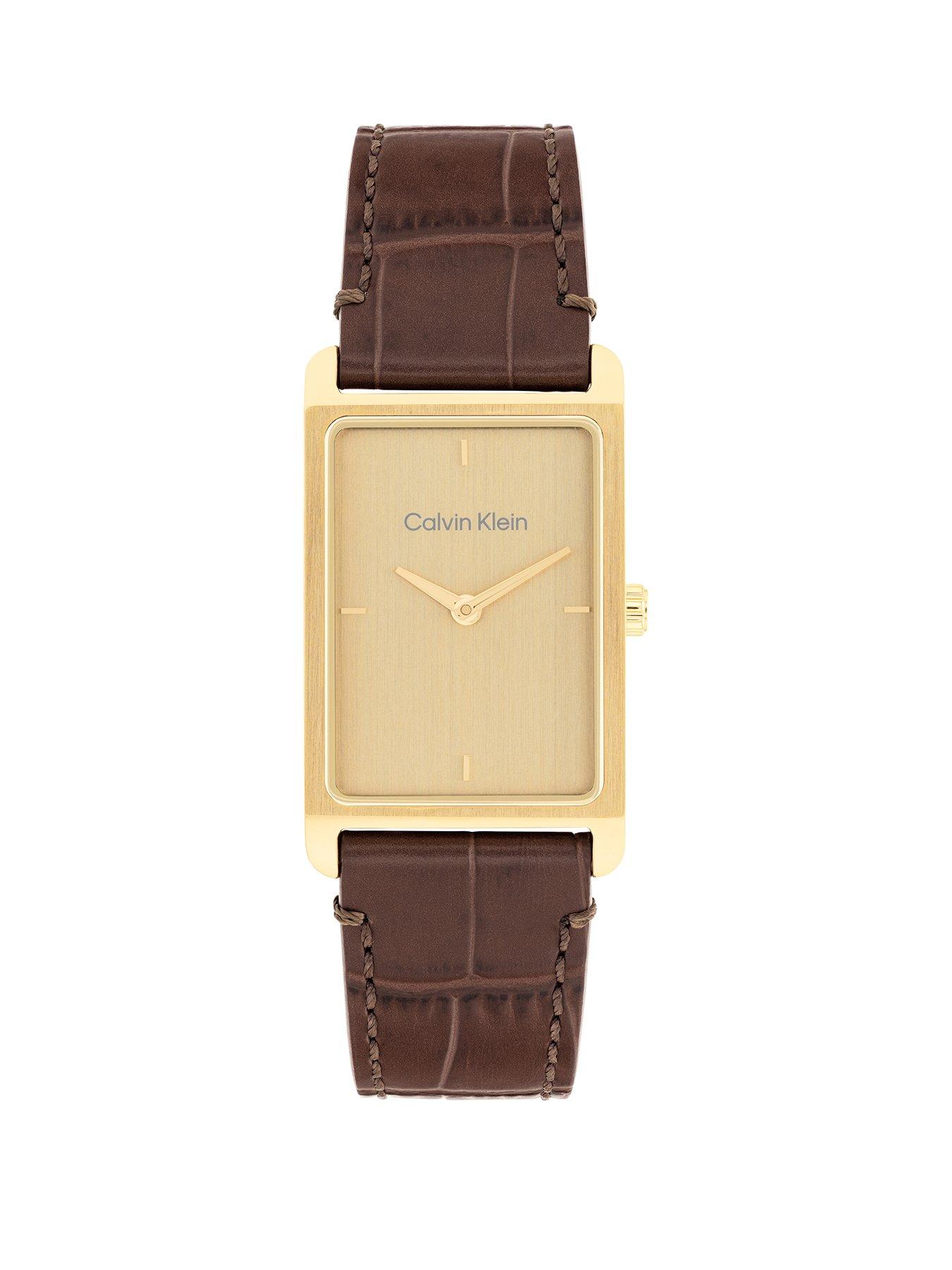  image of calvin-klein-mens-ck-dapper-tank-leather-watch-brown
