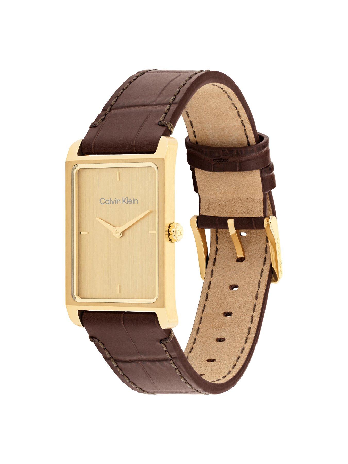  image of calvin-klein-mens-ck-dapper-tank-leather-watch-brown