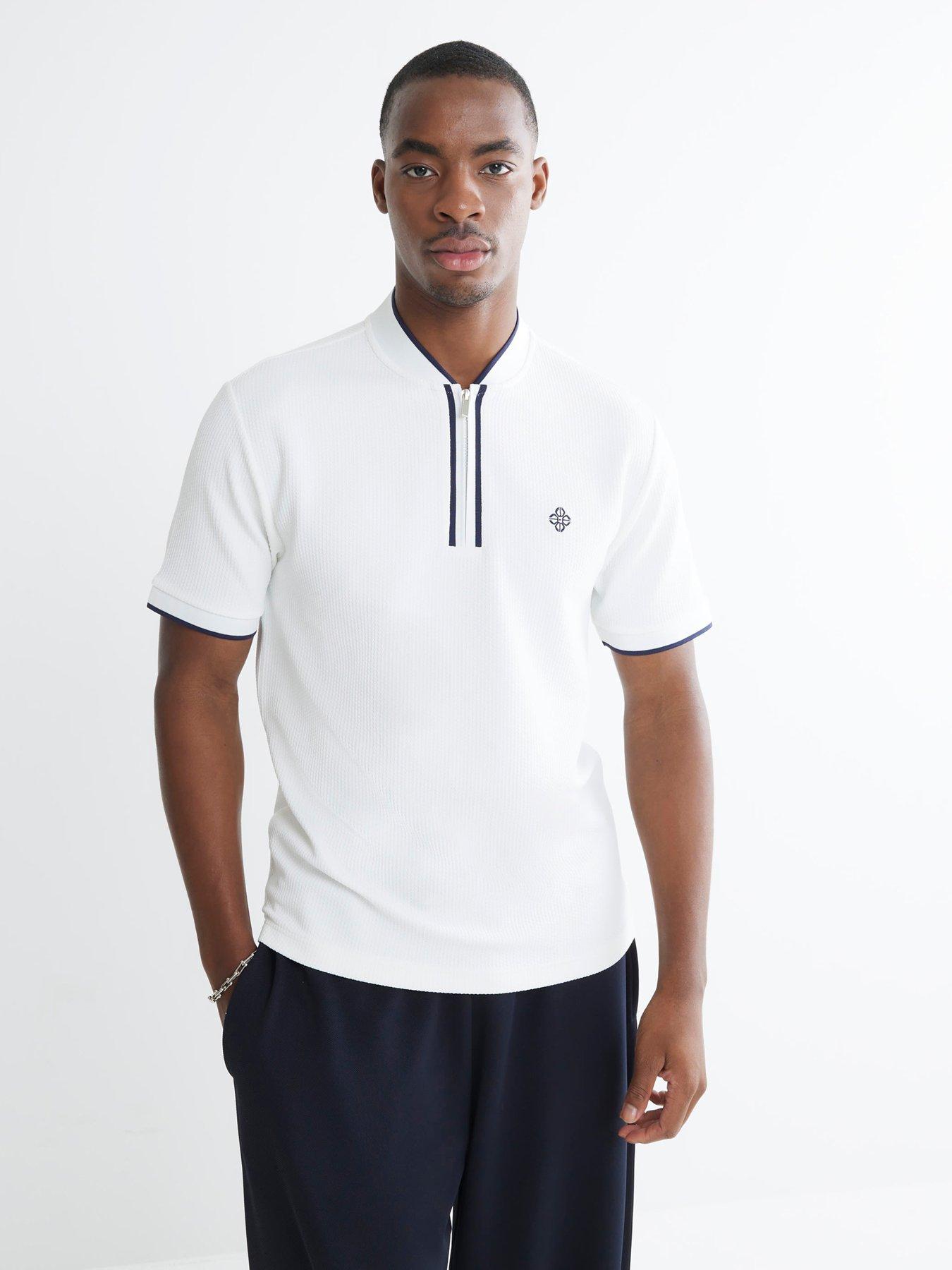 Image 1 of 4 of River Island Slim Fit Tipped Zip Polo Shirt - White