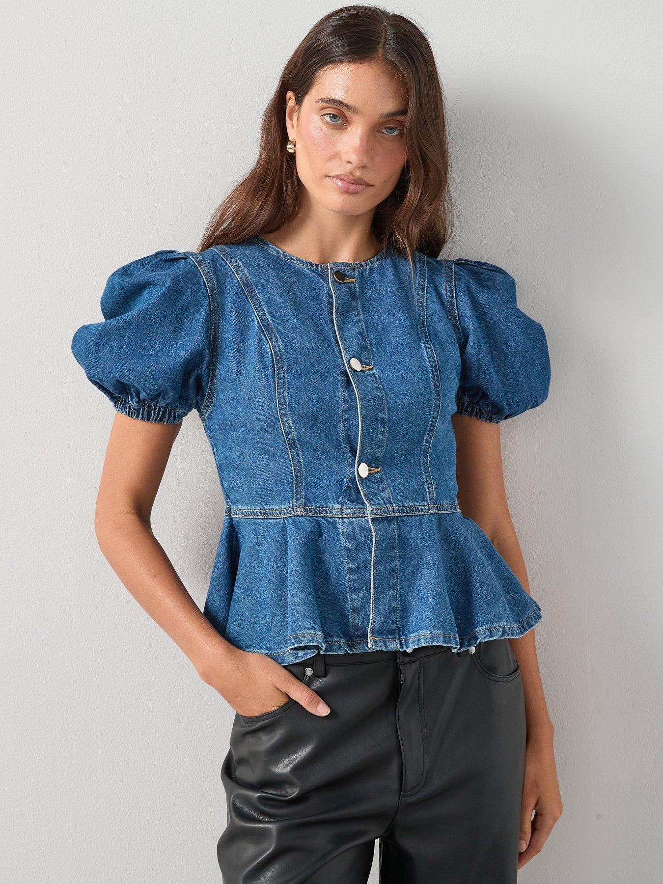 undefined Denim Puff Sleeve Peplum Top - Mid Wash