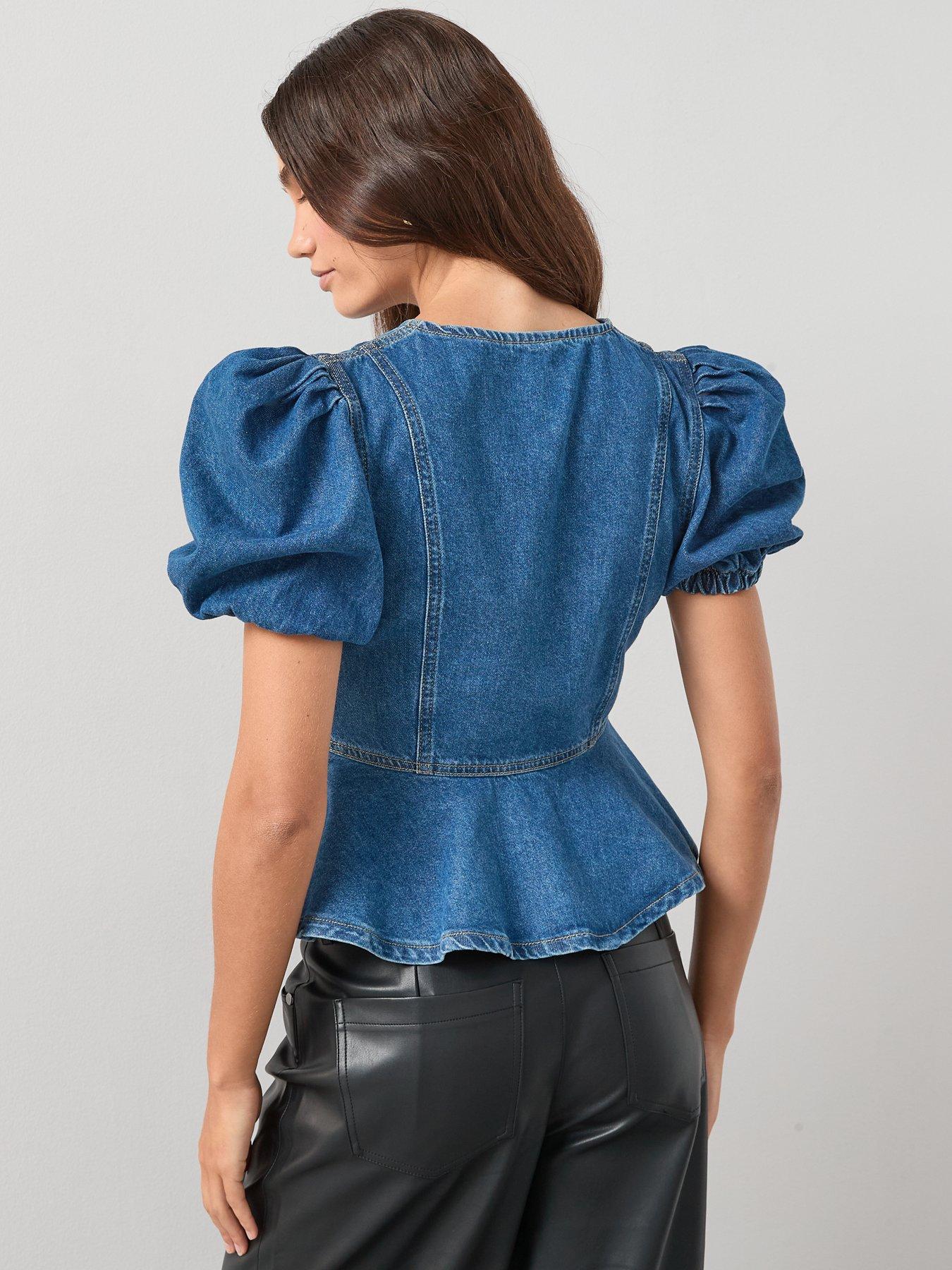 Image 2 of 7 of The Very Collection Denim Puff Sleeve Peplum Top - Mid Wash