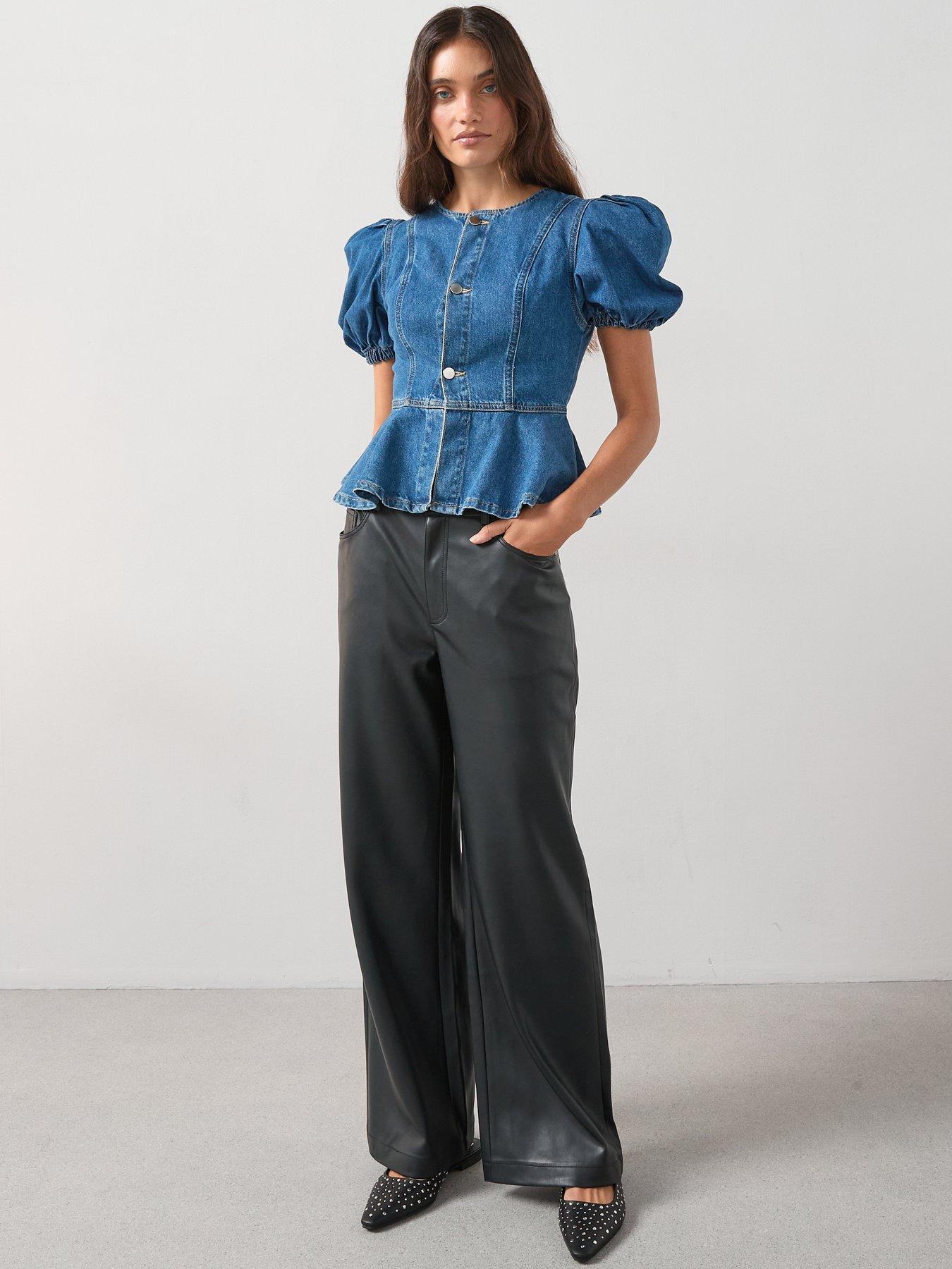 Image 3 of 7 of The Very Collection Denim Puff Sleeve Peplum Top - Mid Wash