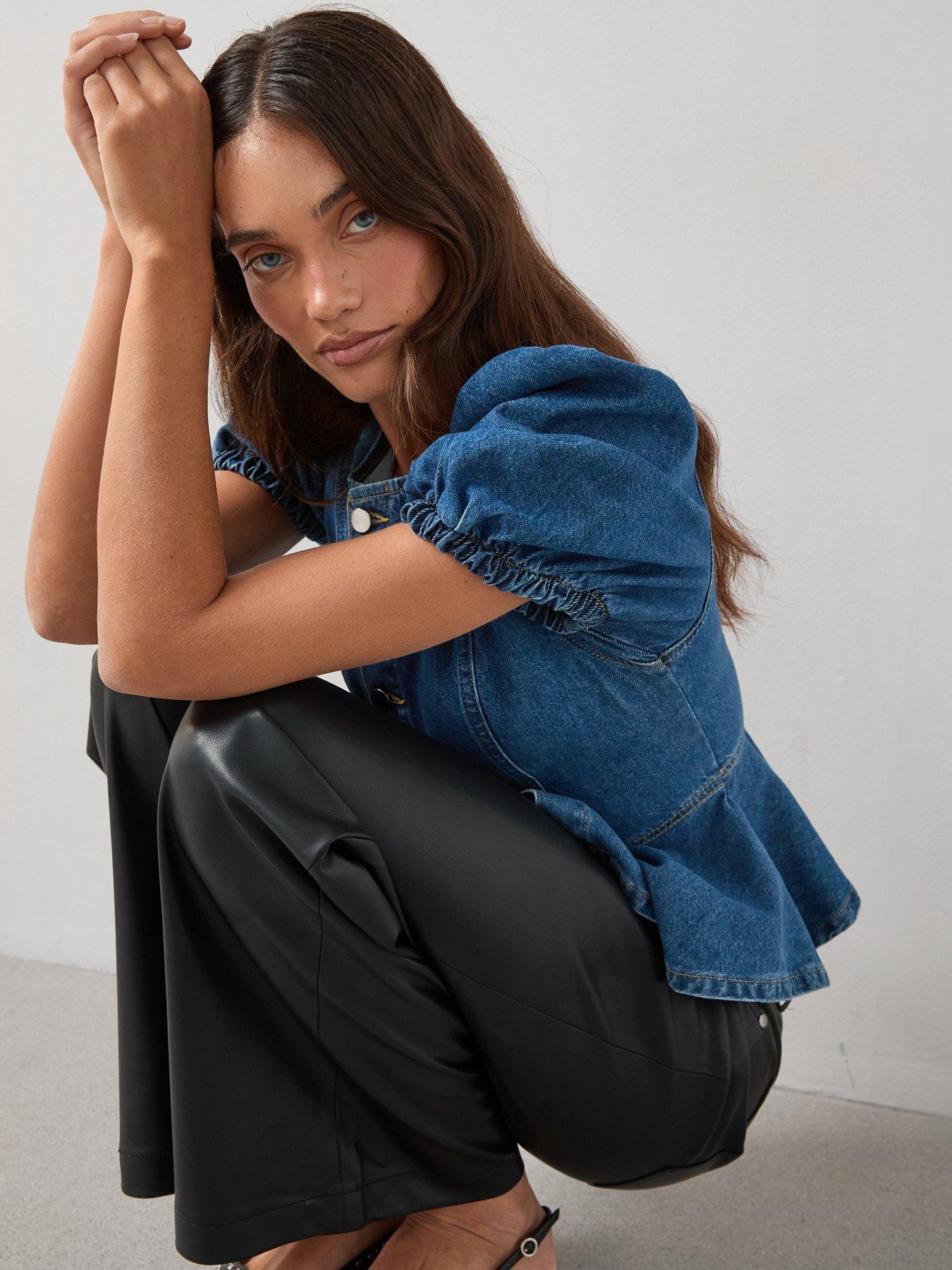 Image 4 of 7 of The Very Collection Denim Puff Sleeve Peplum Top - Mid Wash