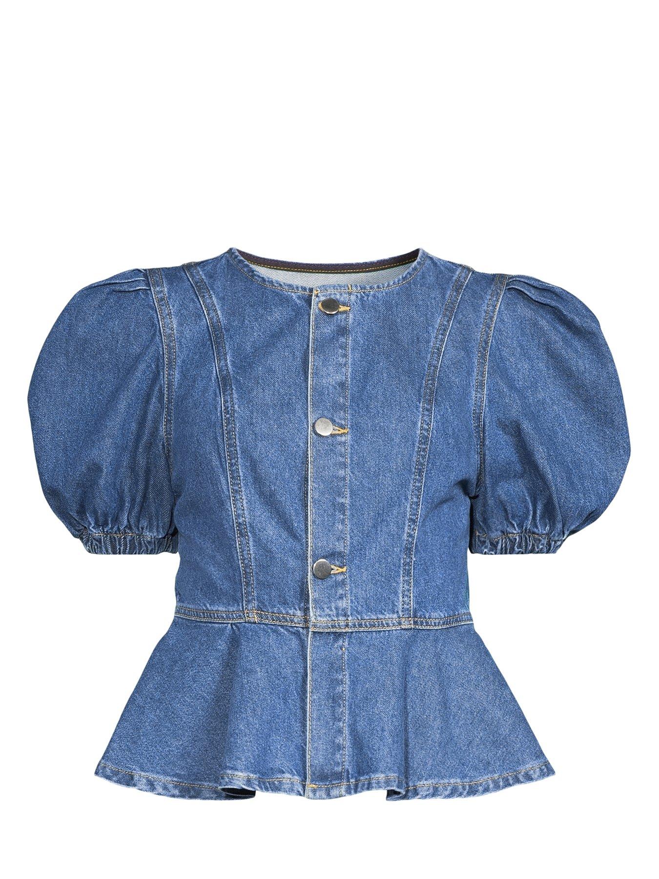 Image 7 of 7 of The Very Collection Denim Puff Sleeve Peplum Top - Mid Wash
