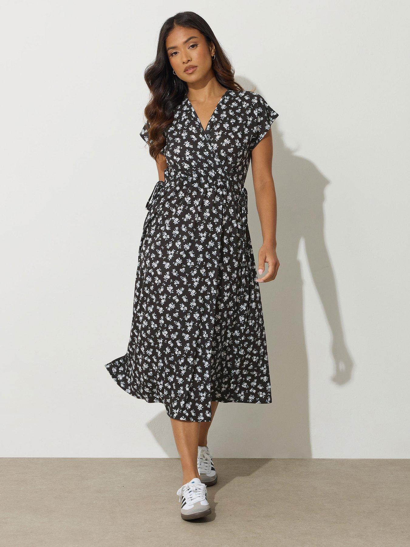 Image 1 of 4 of PixieGirl Petite Ditsy Wrap Tie Waist Midi Dress - Black