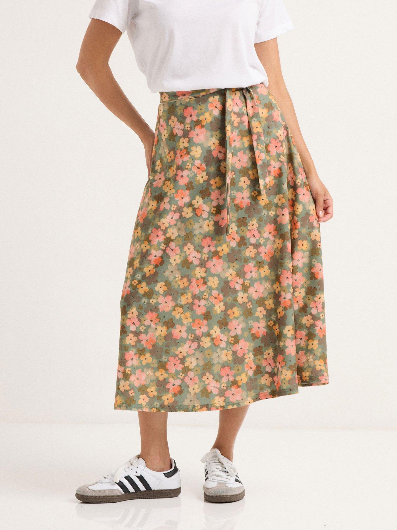 undefined Petite Floral Belt Midi Skirt - Green