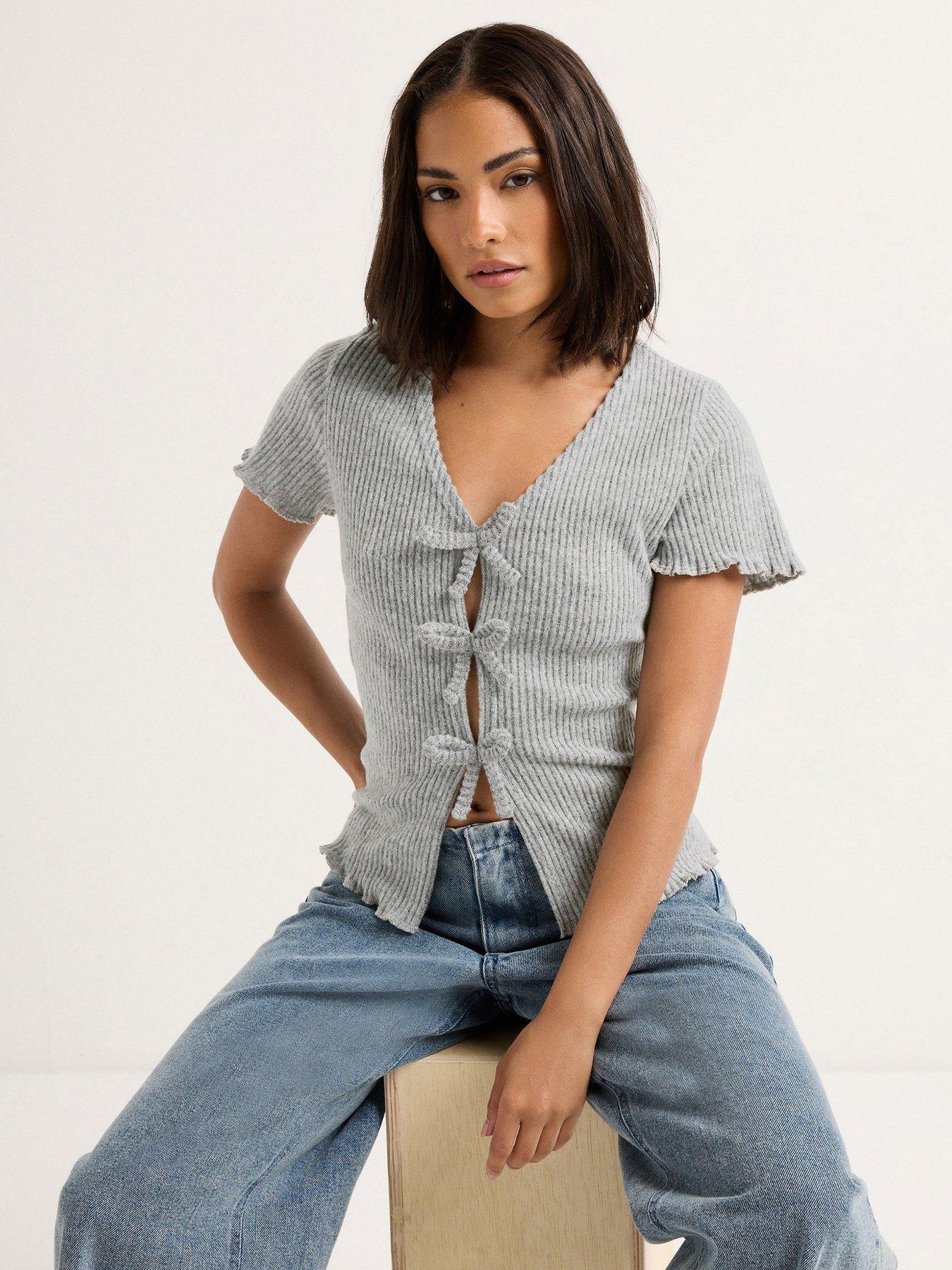 undefined Petite Soft Touch Bow Front Top - Grey