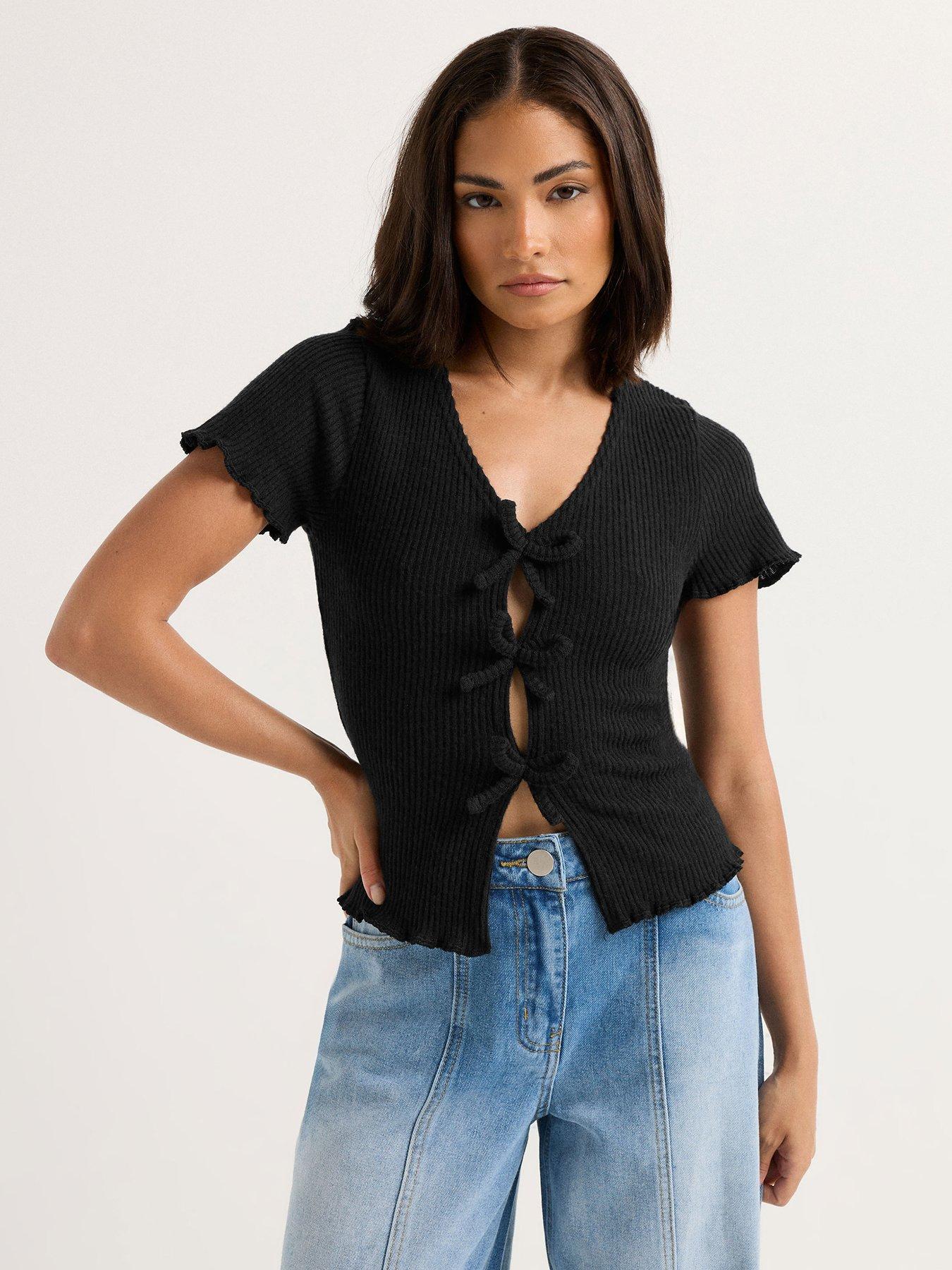 undefined Petite Soft Touch Bow Front Top - Black