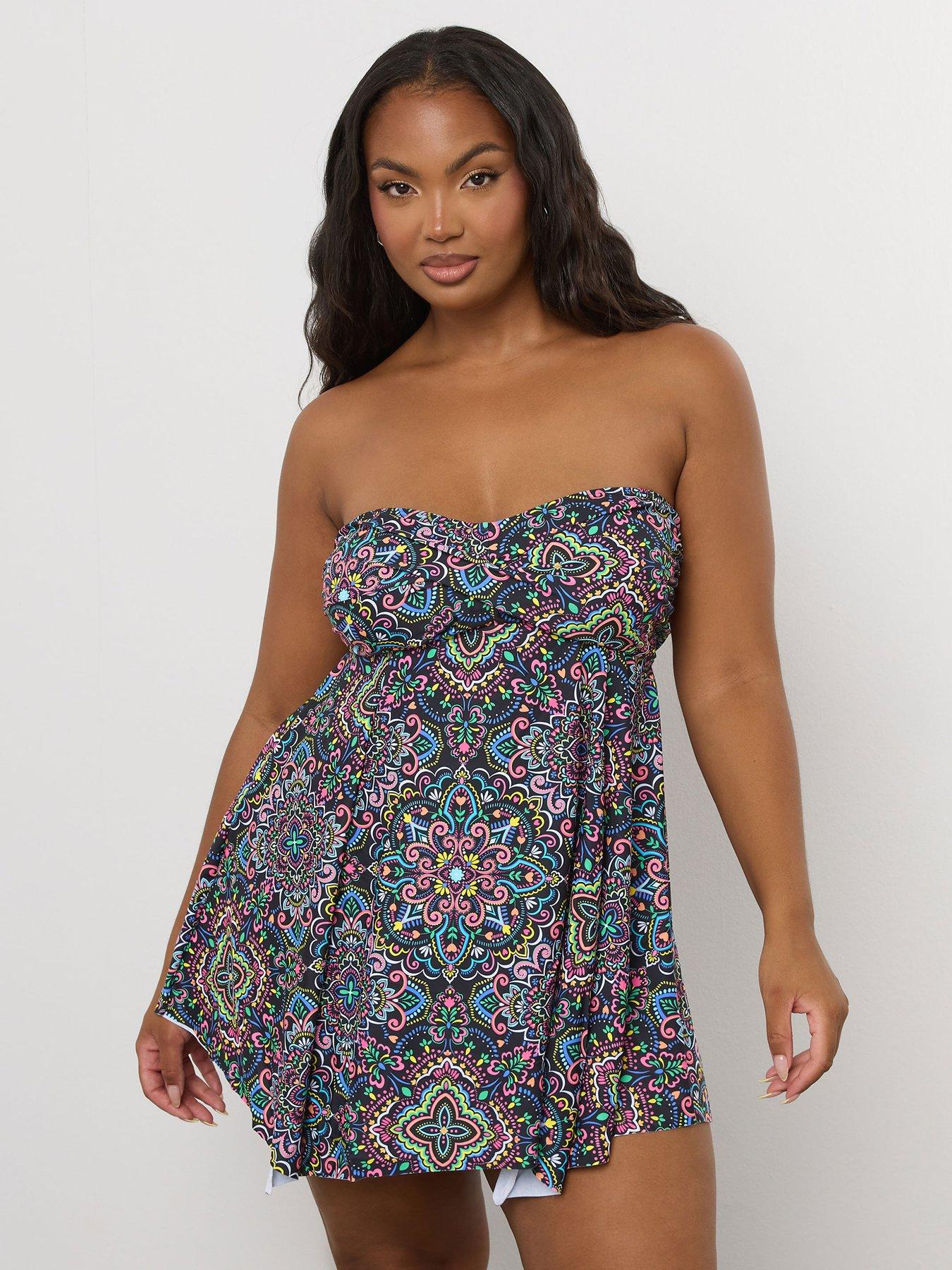 Image 4 of 6 of Yours Curve Aztec Twist Hanky Hem Tankini - Black