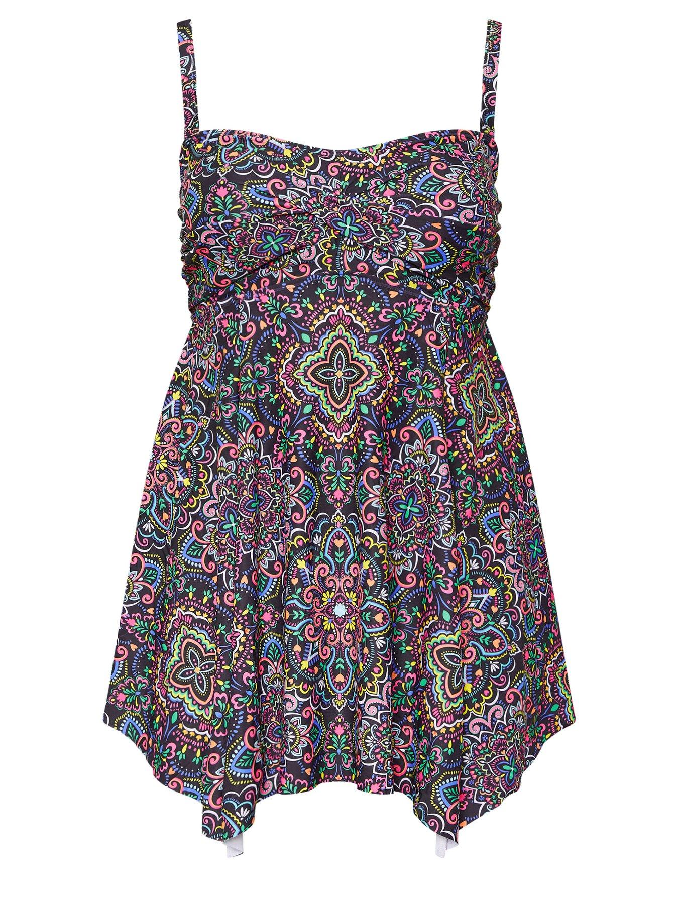Image 6 of 6 of Yours Curve Aztec Twist Hanky Hem Tankini - Black