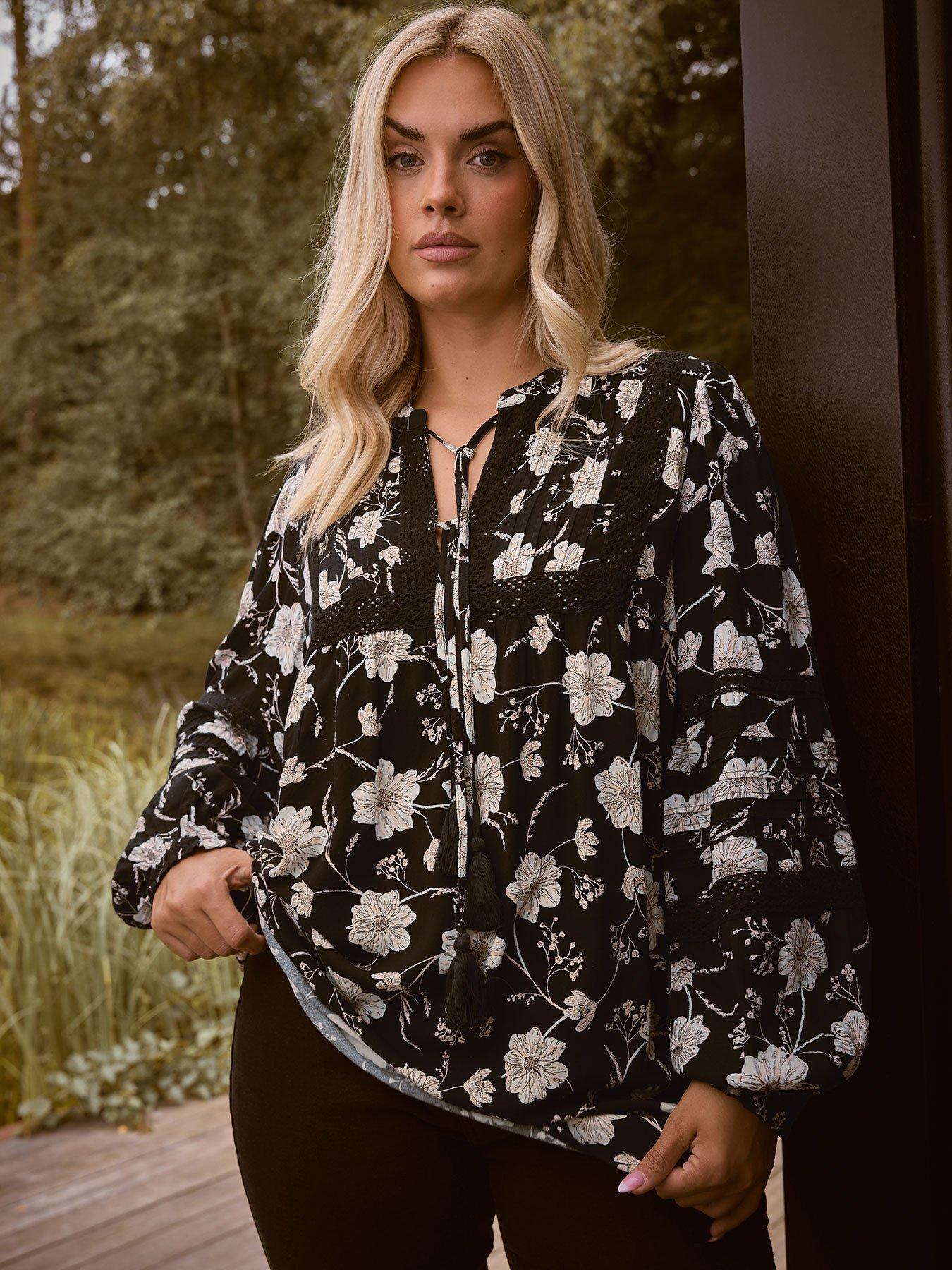 undefined Curve Long Sleeve Floral Blouse - Black