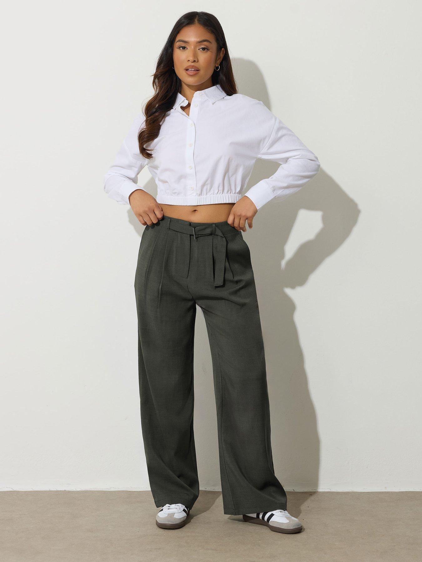 undefined Petite Buckle Belt Wide Leg Trouser - Green