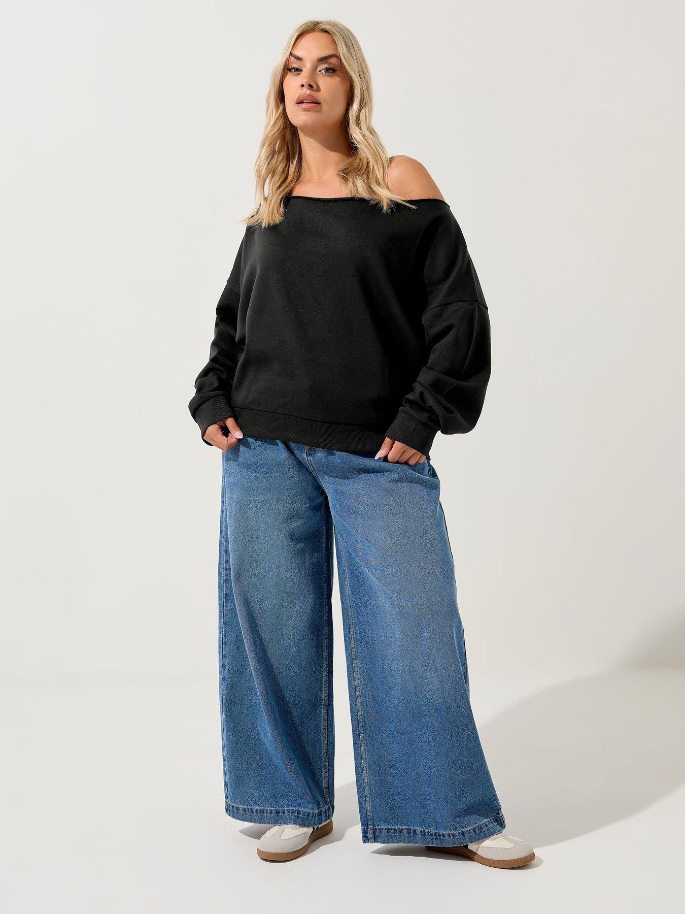 Image 3 of 6 of Yours Curve Off The Shoulder Crew Sweatshirt - Black