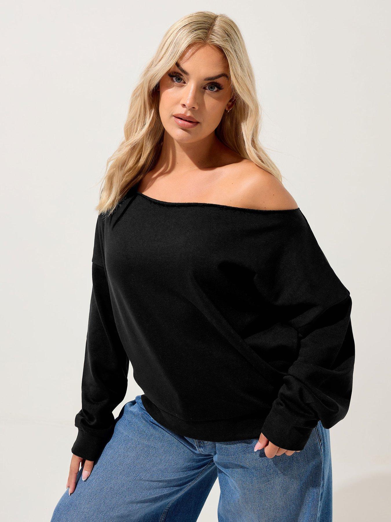 Image 4 of 6 of Yours Curve Off The Shoulder Crew Sweatshirt - Black