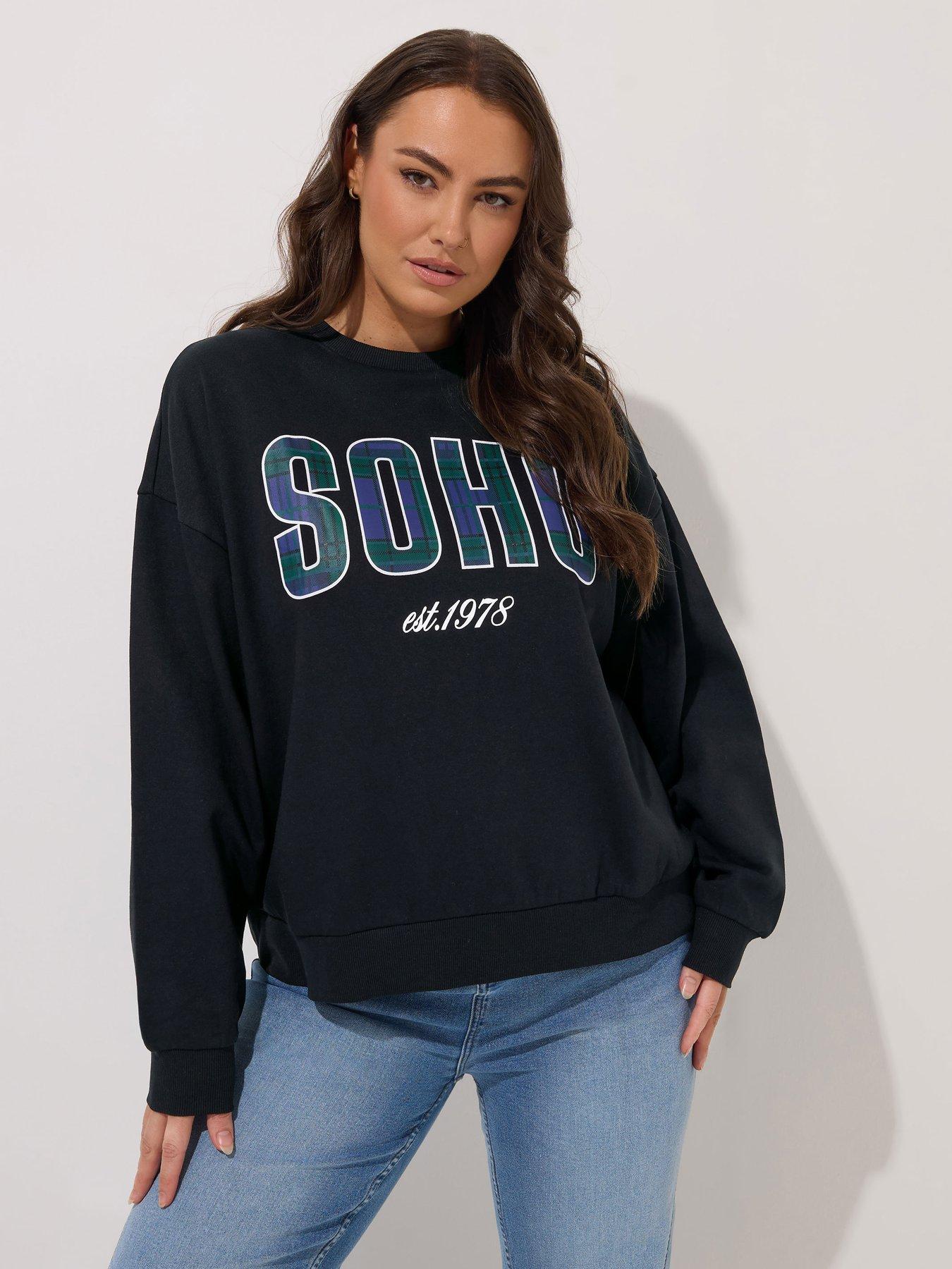 Image 1 of 4 of Yours Curve Soho Check Crew Neck Sweatshirt - Black