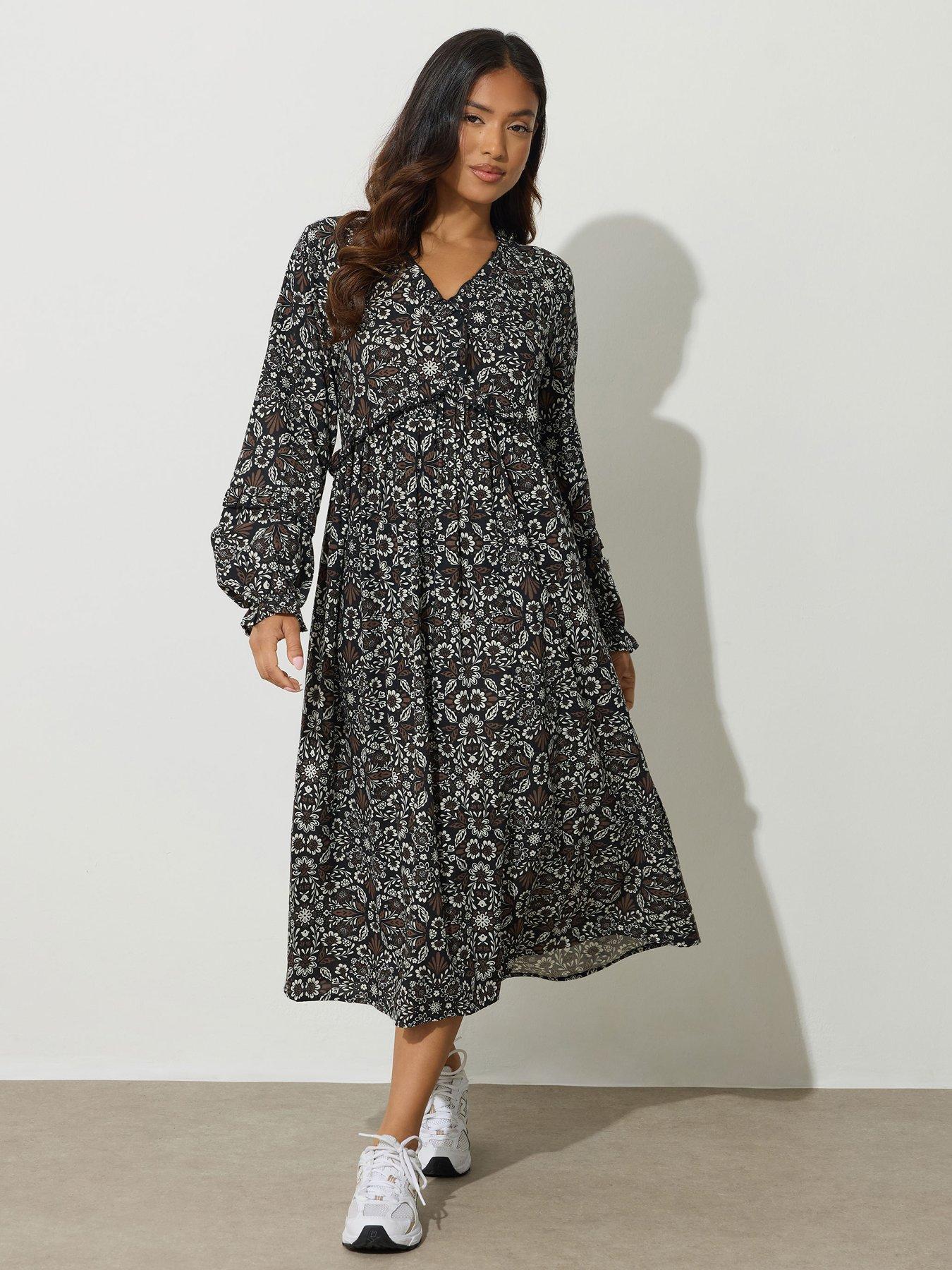 Image 1 of 4 of PixieGirl Petite Folk Floral Midaxi Dress - Brown