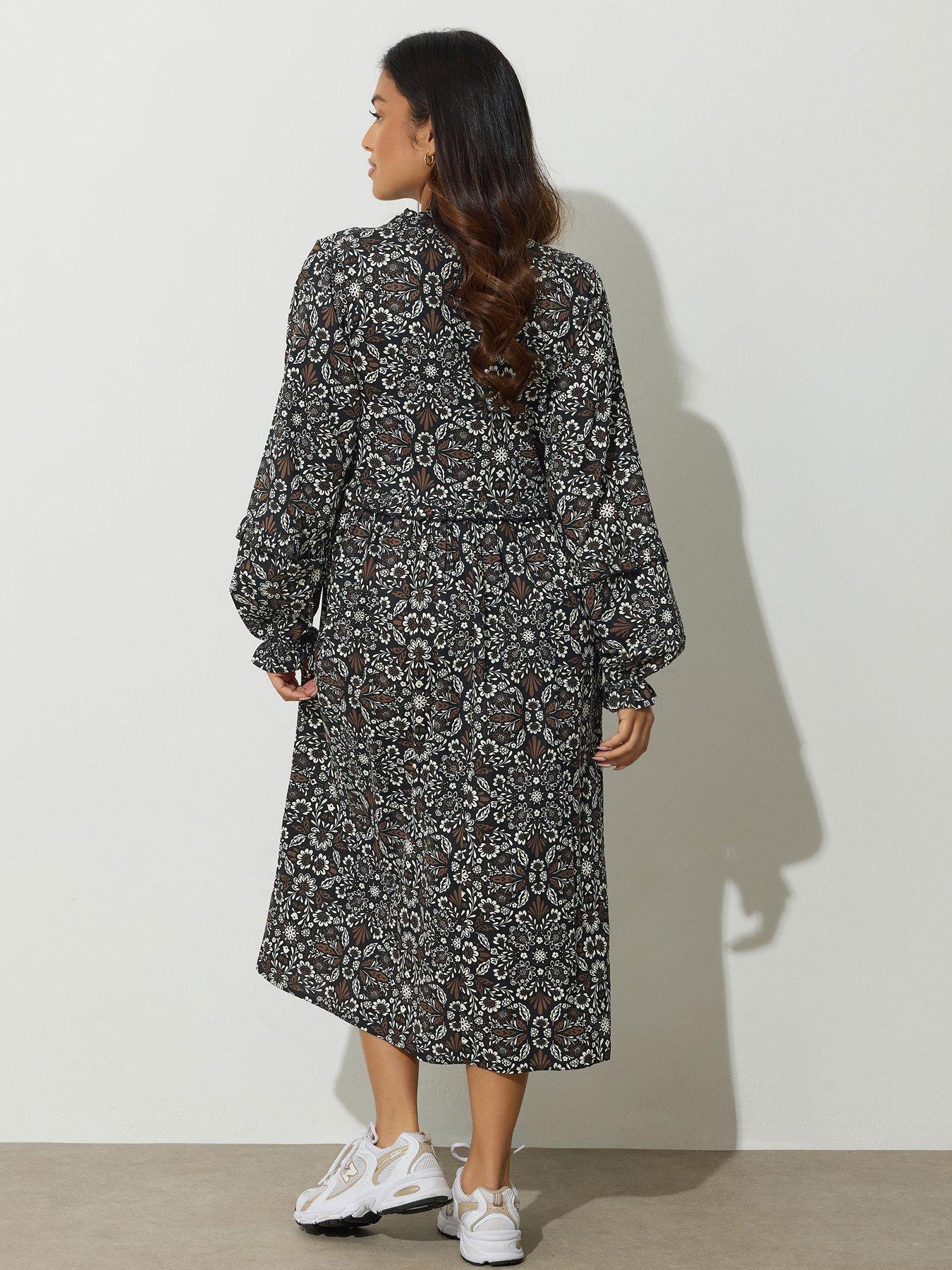 Image 2 of 4 of PixieGirl Petite Folk Floral Midaxi Dress - Brown