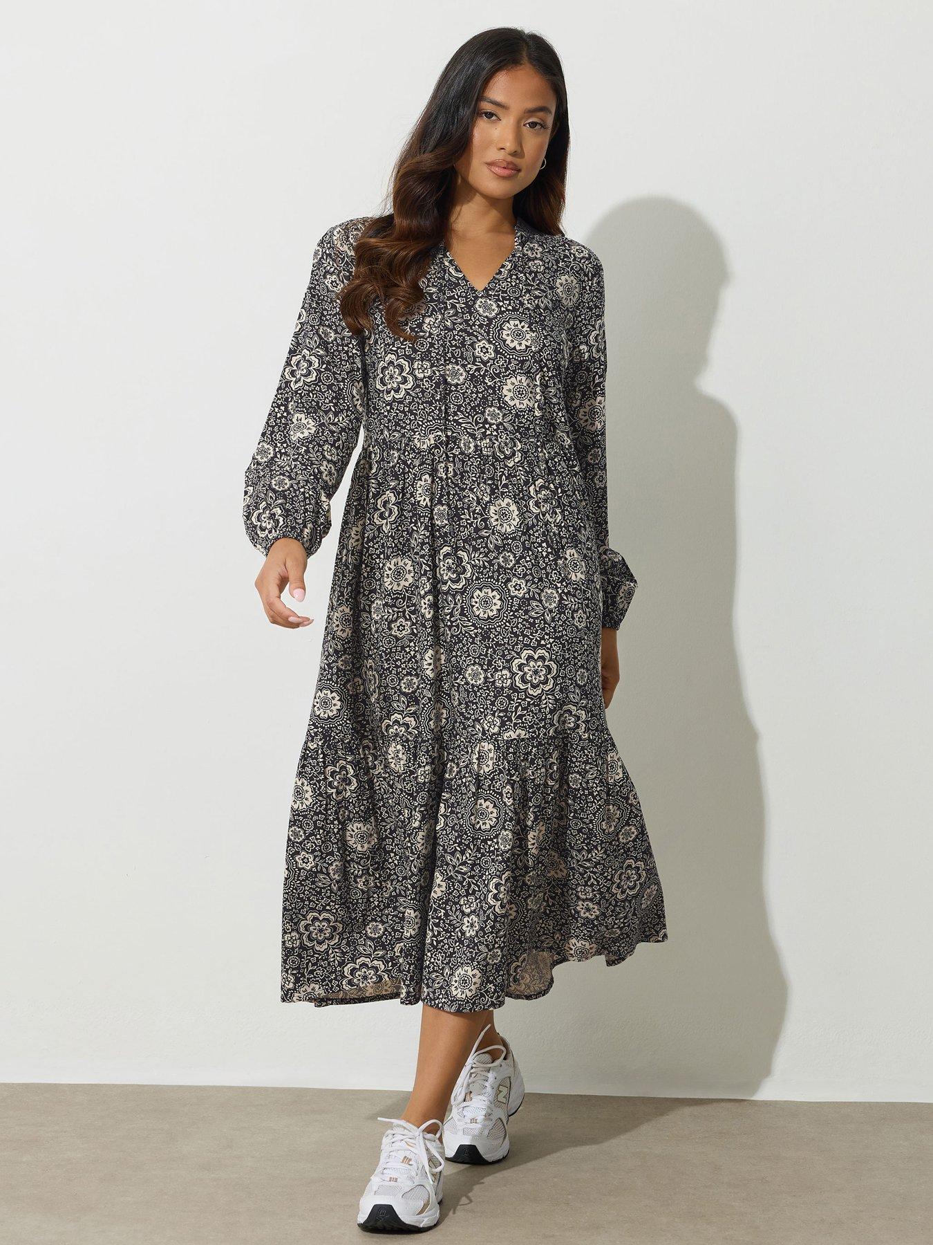 Image 1 of 4 of PixieGirl Petite Folk Floral Tie Neck Midaxi Dress - Black