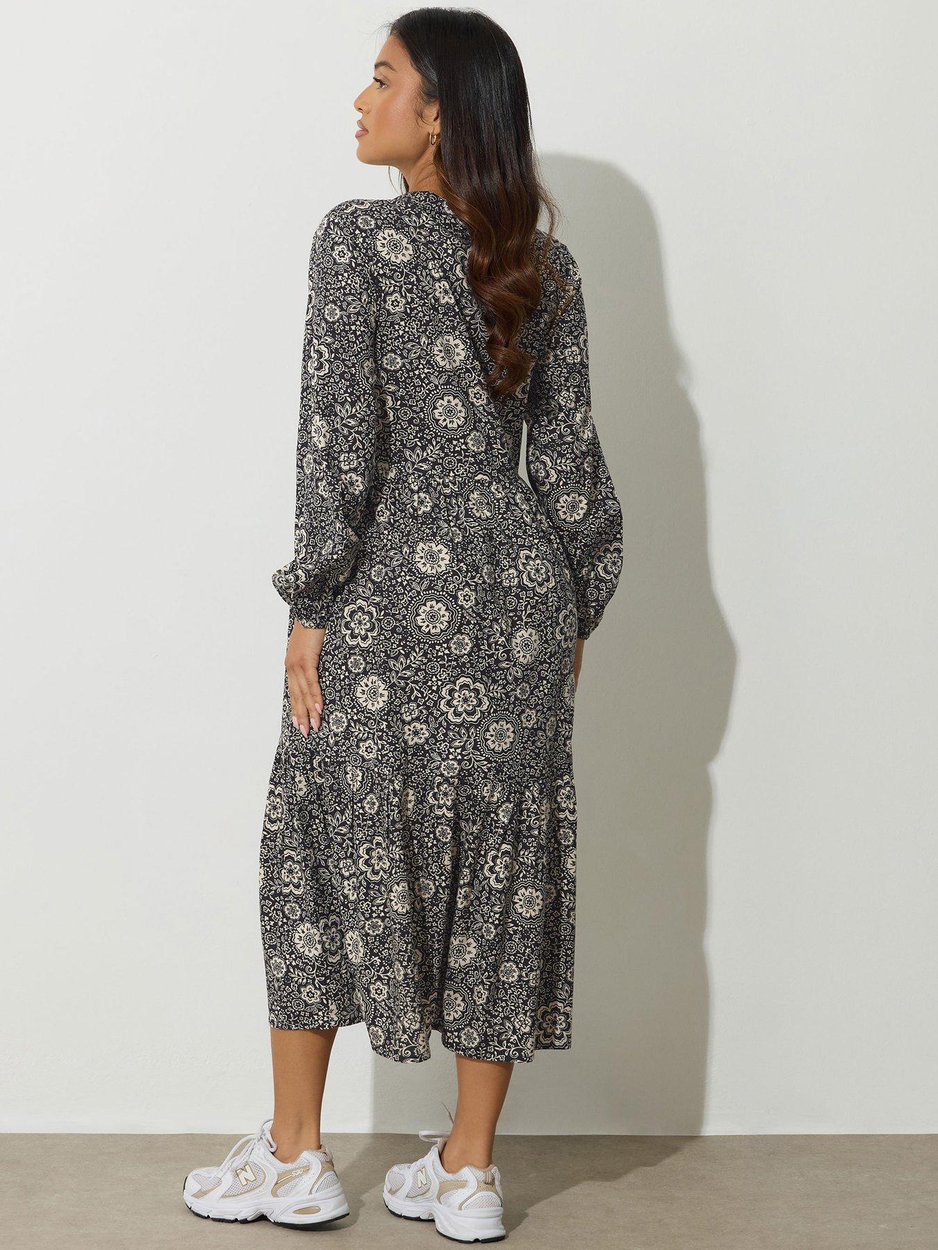Image 2 of 4 of PixieGirl Petite Folk Floral Tie Neck Midaxi Dress - Black