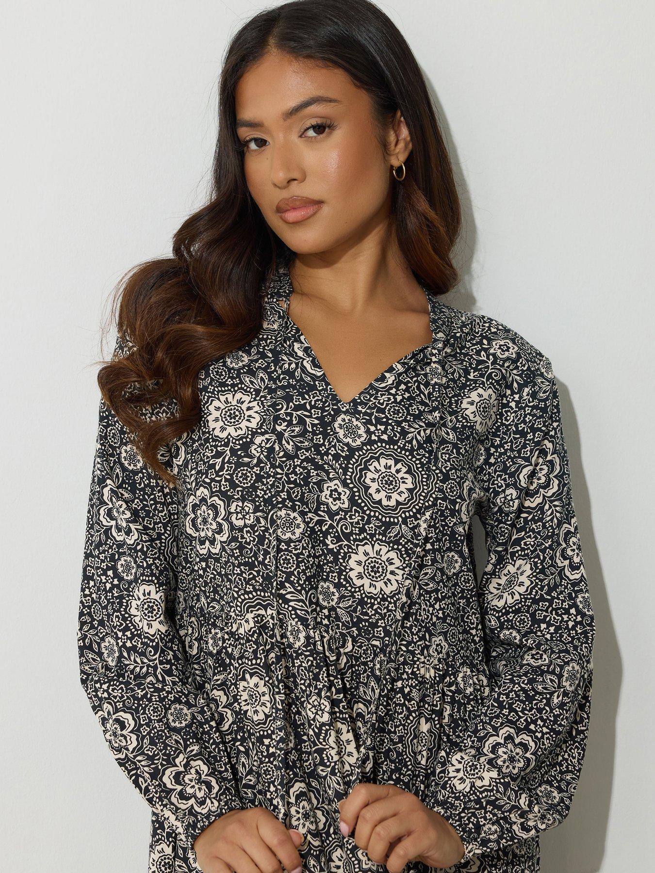 Image 4 of 4 of PixieGirl Petite Folk Floral Tie Neck Midaxi Dress - Black
