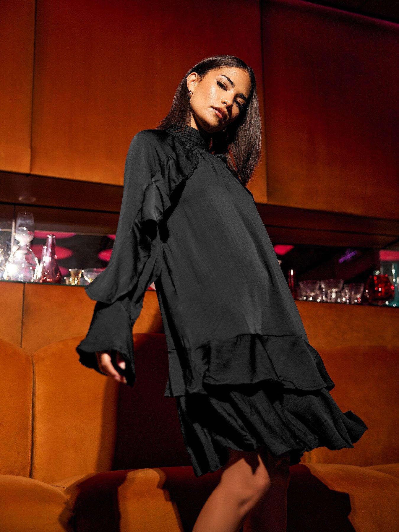 undefined Petite Satin Frill Smock Dress - Black