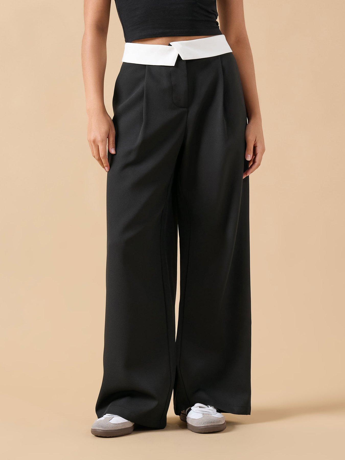PixieGirl Petite Turn Over Waistband Wide Leg Trouser - Black
