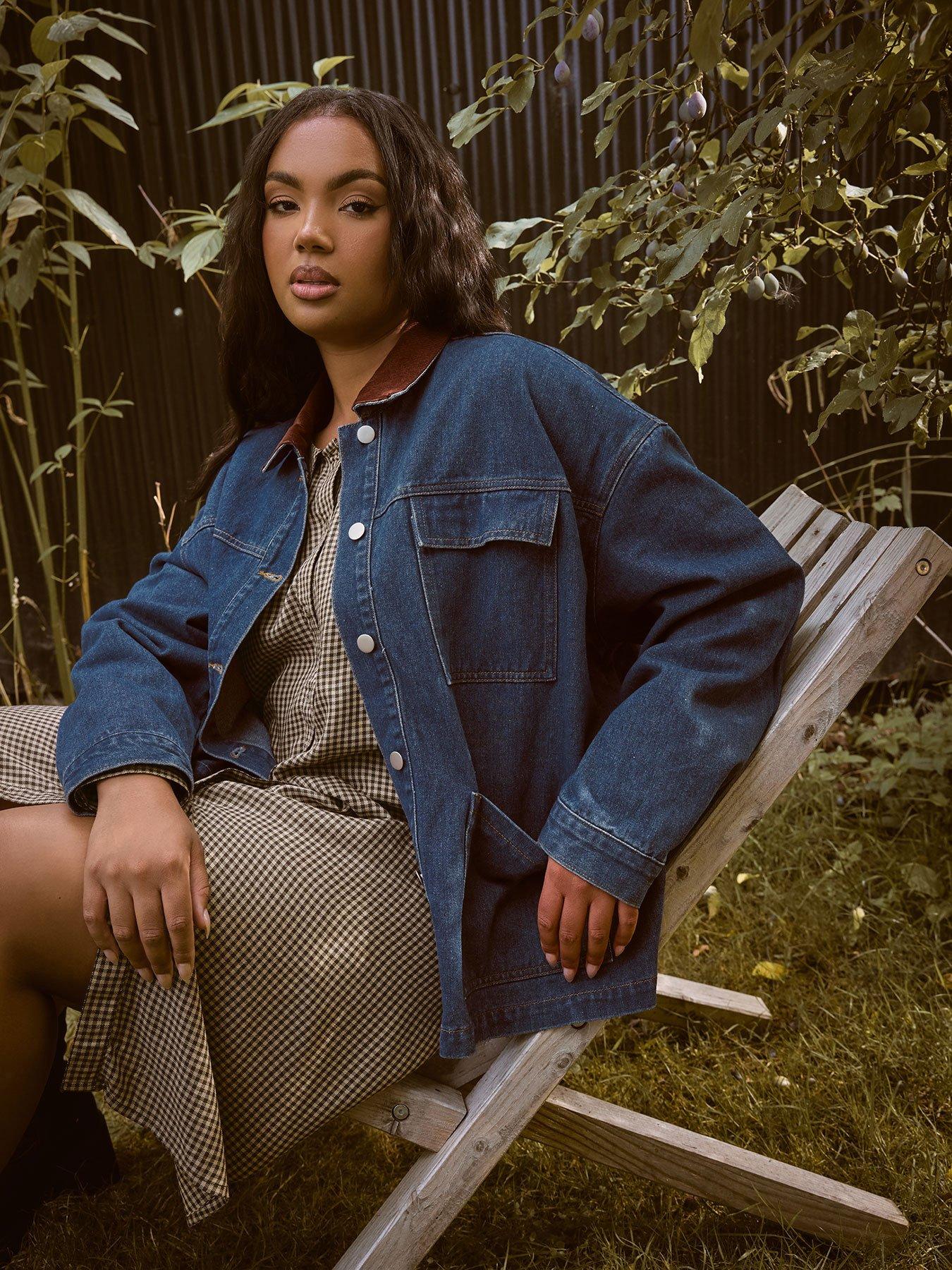 Yours Curve Cord Collar Denim Jacket - Blue