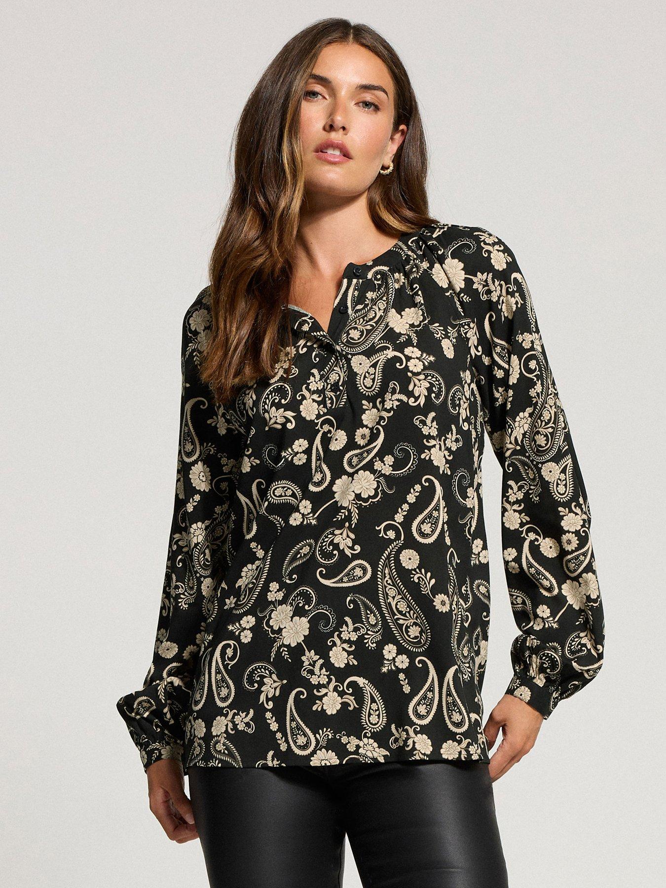 undefined Half Placket Paisley Blouse - Black