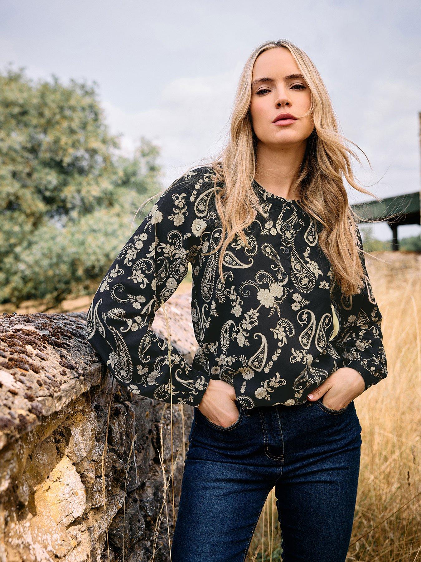 Image 1 of 4 of Long Tall Sally Half Placket Paisley Blouse - Black