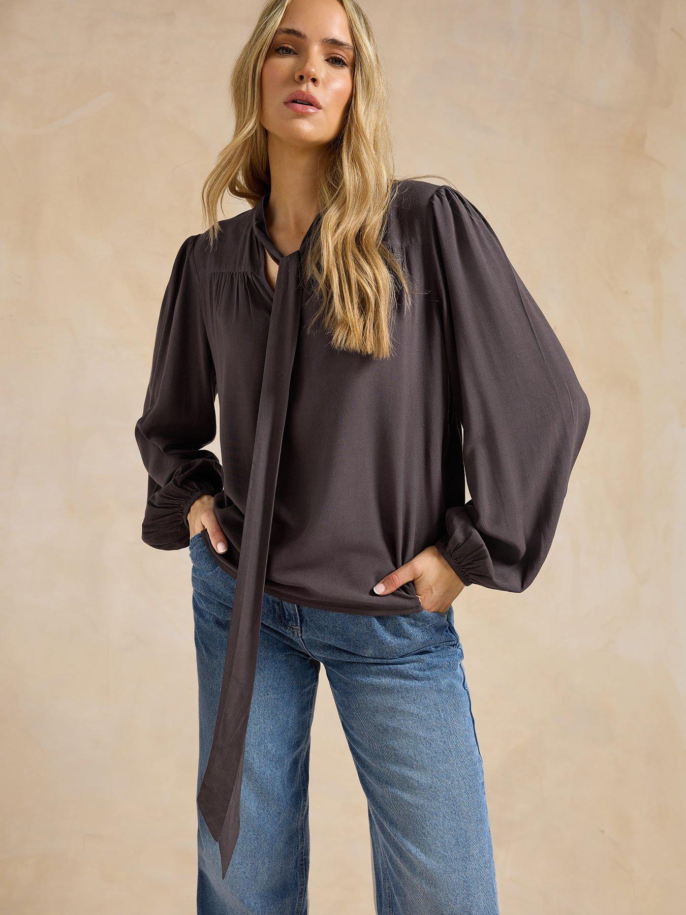 undefined Tall Acid Wash Tie Neck Top
