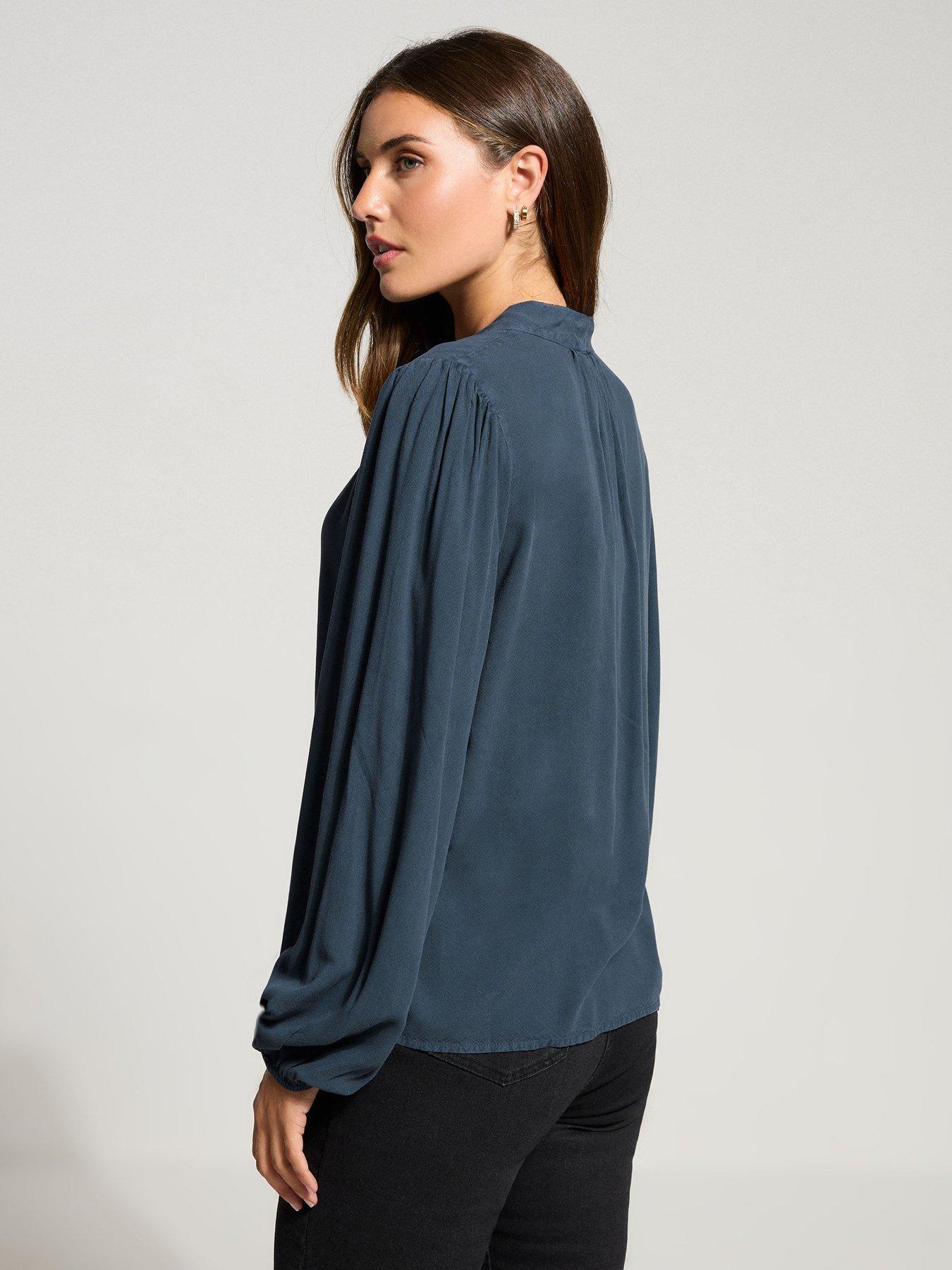 Image 2 of 4 of Long Tall Sally Acid Wash Tie Neck Top - Blue