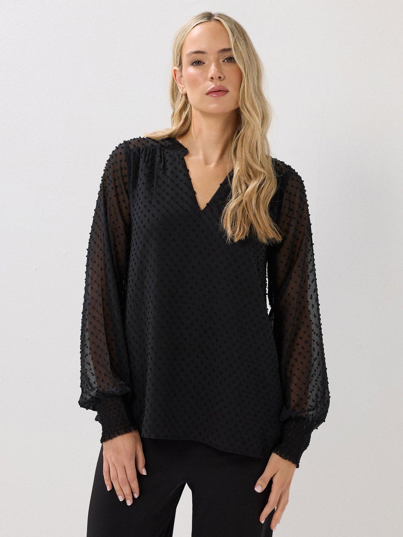 Image 1 of 4 of Long Tall Sally Dobby Spot Shirred Cuff Top - Black