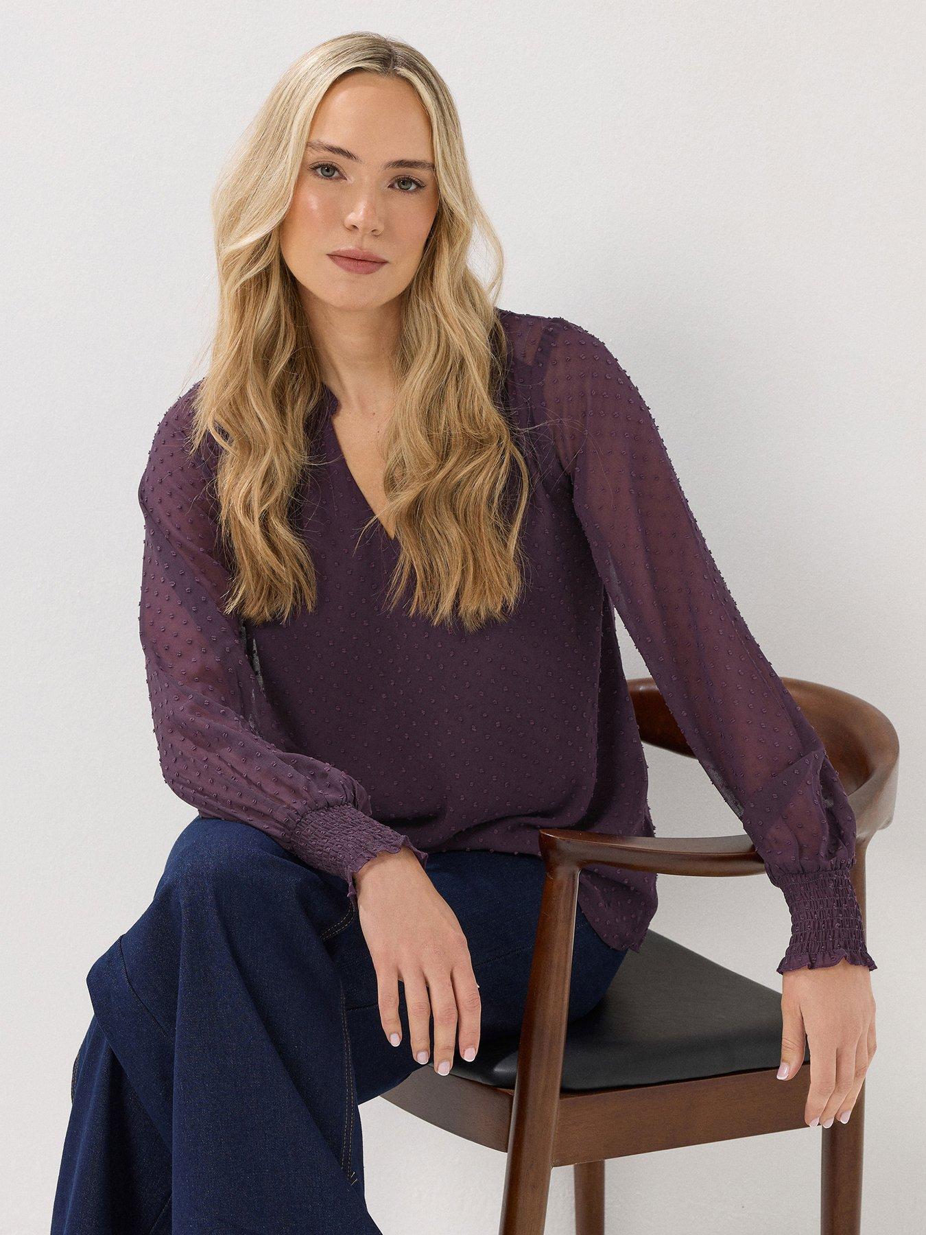 undefined Dobby Spot Shirred Cuff Top - Purple