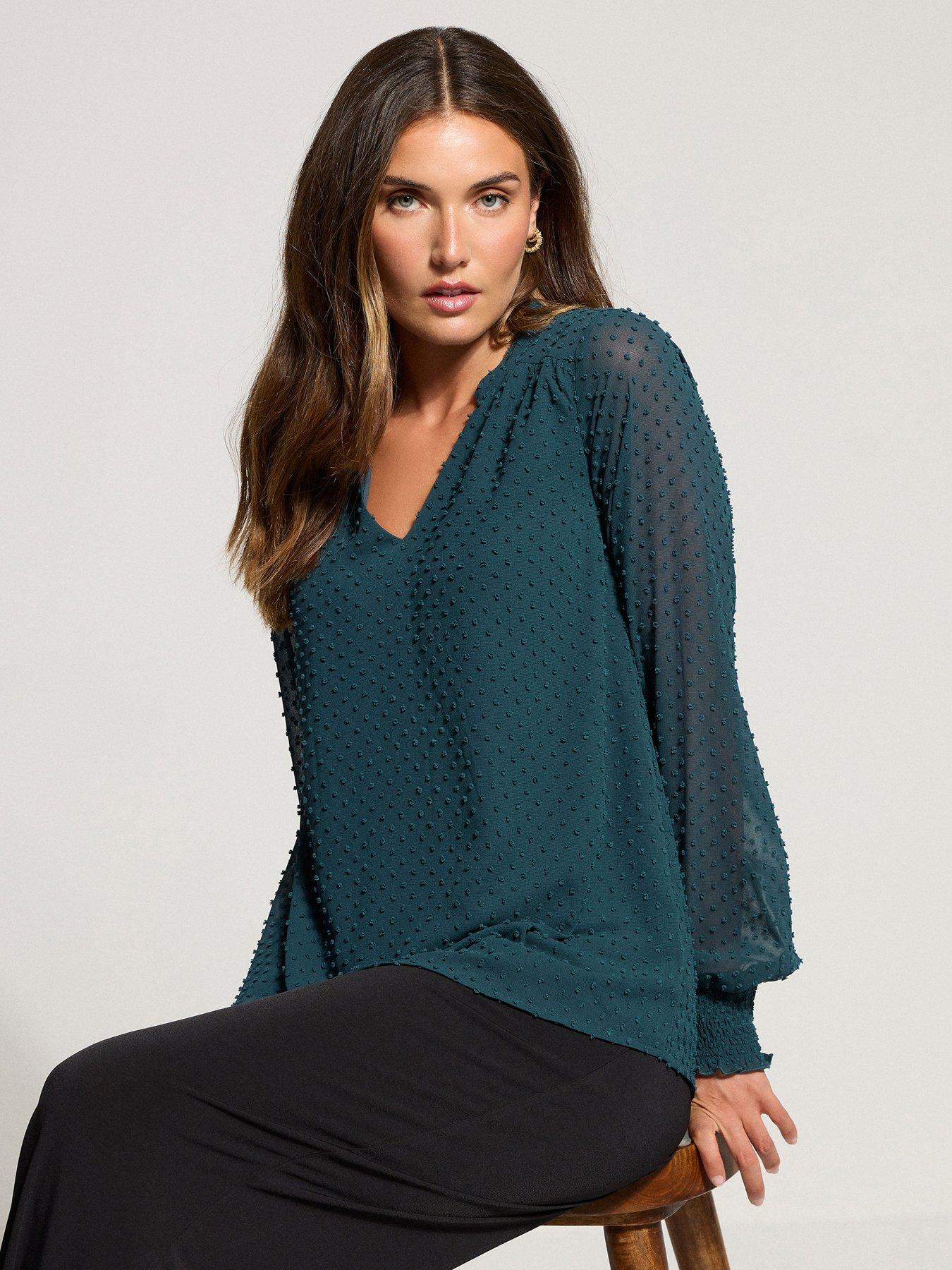 undefined Dobby Spot Shirred Cuff Top - Teal Green