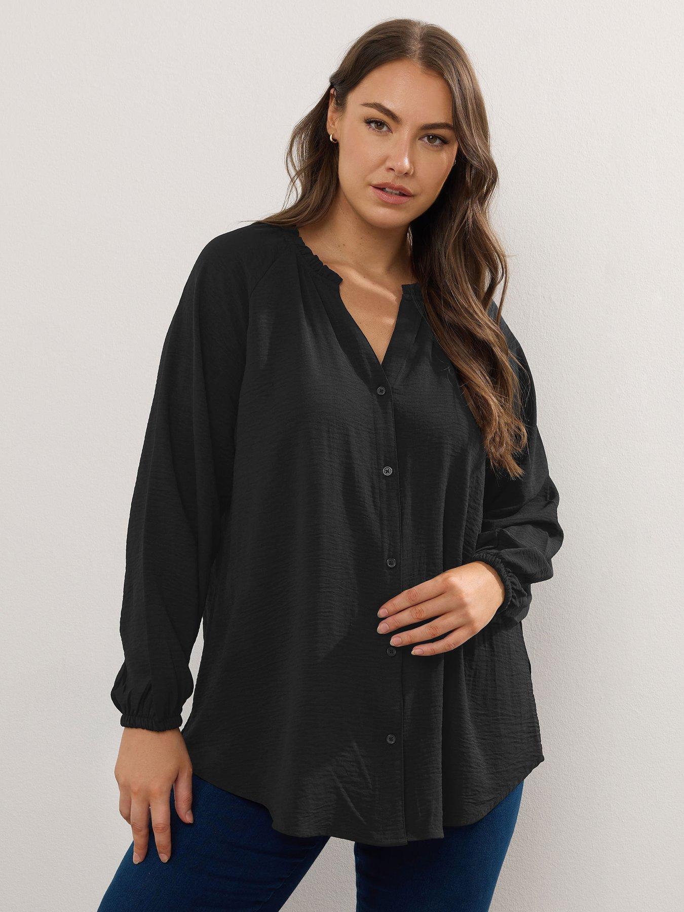 Image 1 of 4 of Yours Curve Frill Neck Blouse - Black
