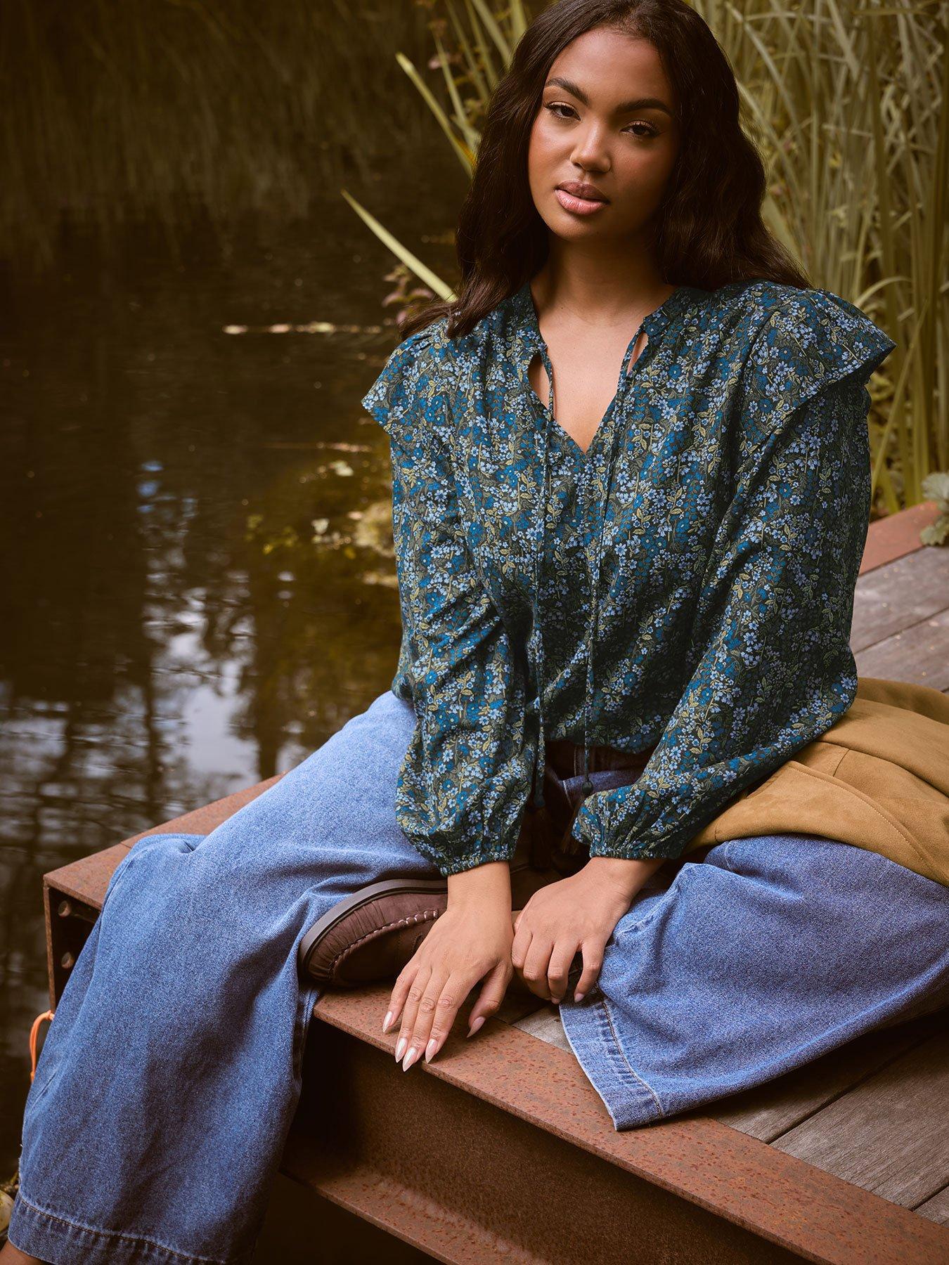 undefined Curve Smock Frill Top - Blue