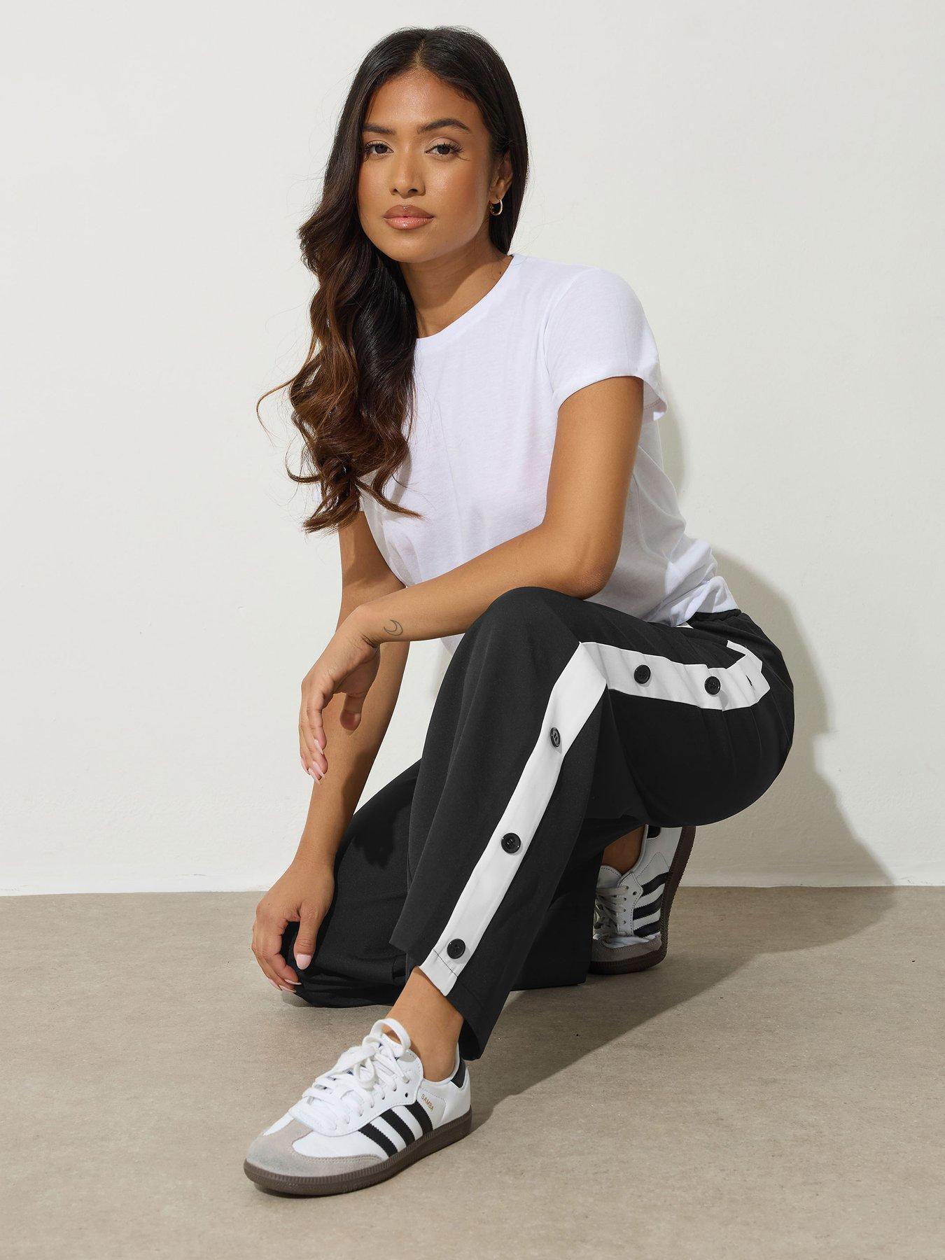 undefined Petite Button Stripe Wide Leg Trouser - Black