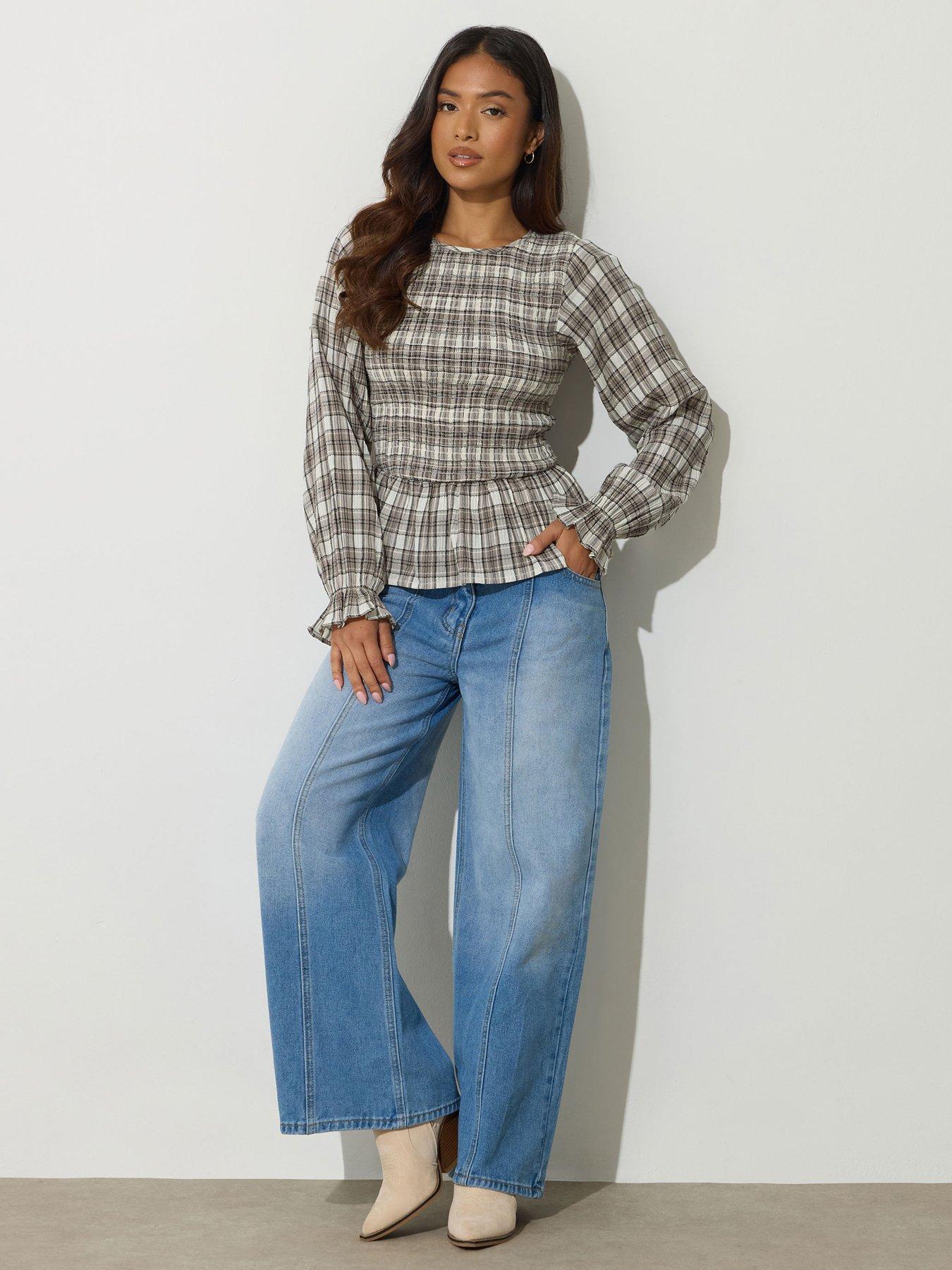 Image 3 of 4 of PixieGirl Petite Check Shirred Long Sleeve Top - Brown