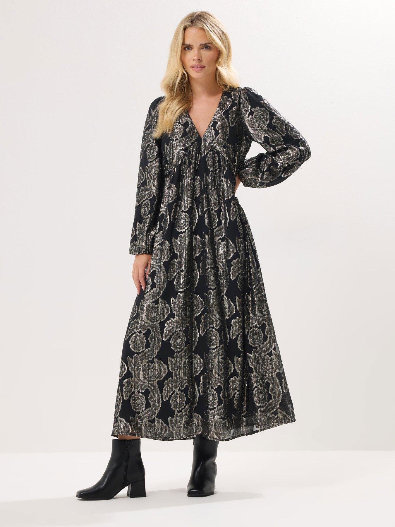 undefined Petite Jacquard Long Sleeve Smock Midaxi Dress - Black