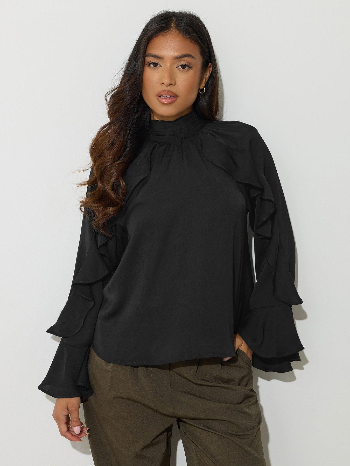 Image 1 of 4 of PixieGirl Petite Long Sleeve Satin Frill Top - Black