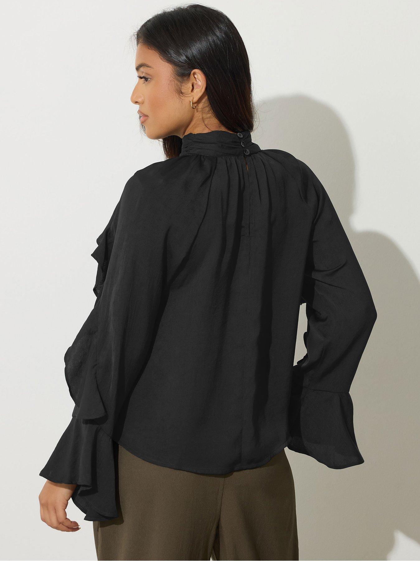 Image 2 of 4 of PixieGirl Petite Long Sleeve Satin Frill Top - Black