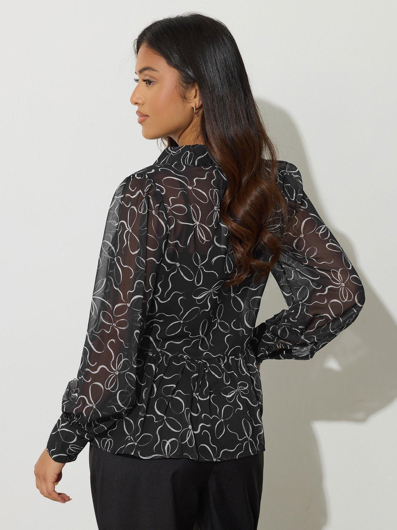  image of pixiegirl-petite-bow-peplum-chiffon-blouse-black