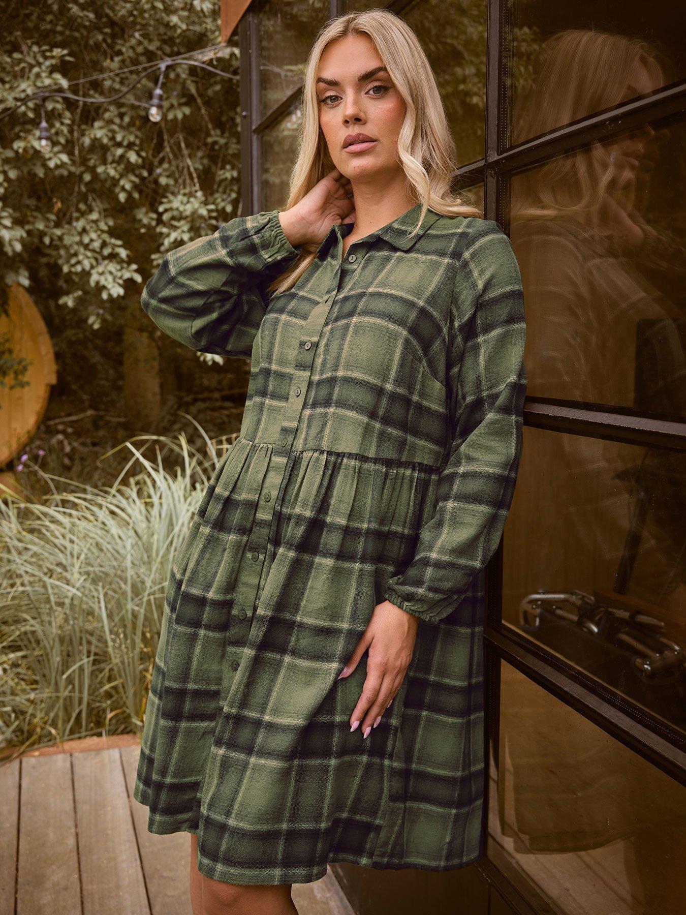 undefined Curve Check Shirt Dress - Green