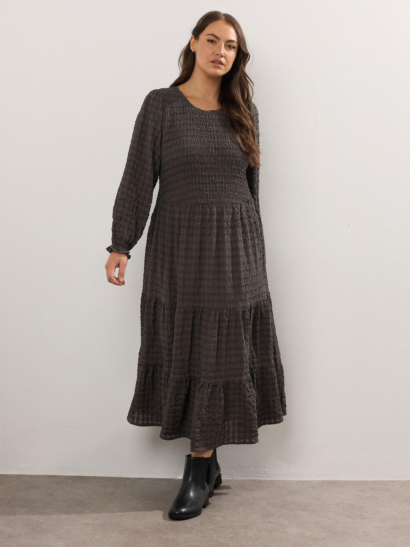 Image 3 of 4 of Yours Curve Seersucker Maxi Tiered Dress - Brown