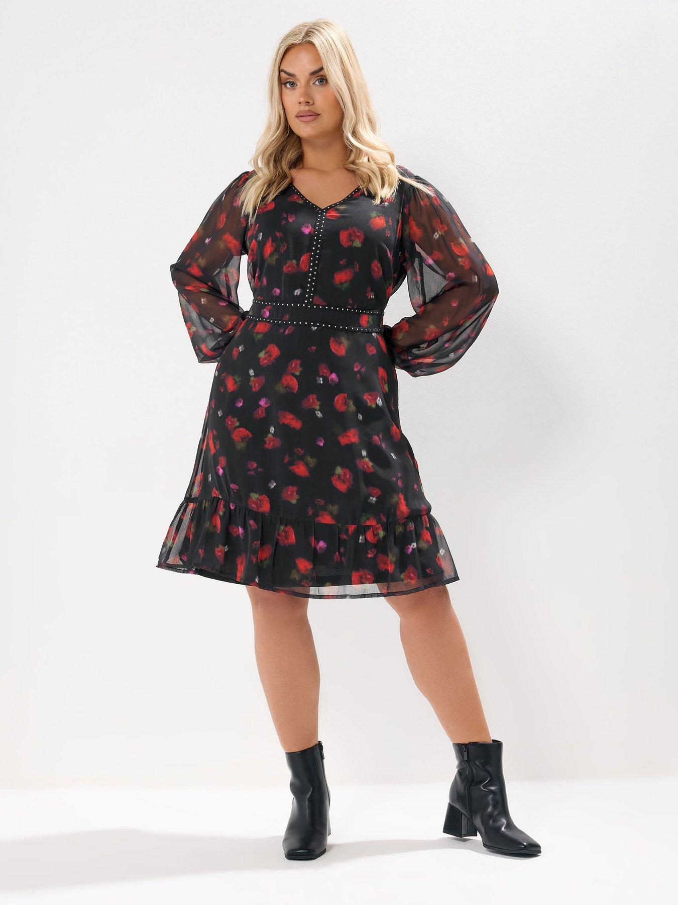 yours-curve-floral-stud-tape-dress-black