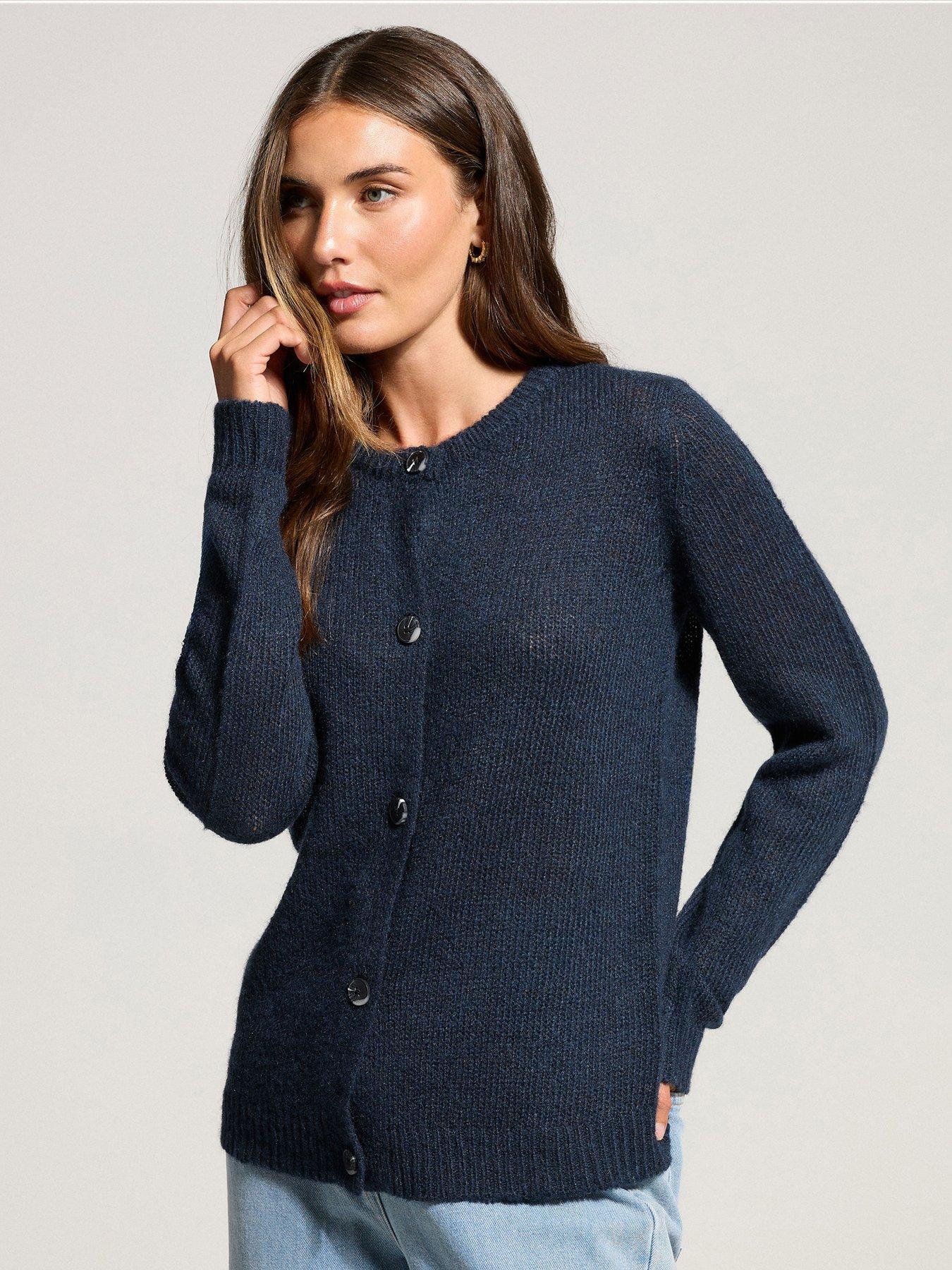 undefined Wool Blend Crew Neck Cardigan - Blue