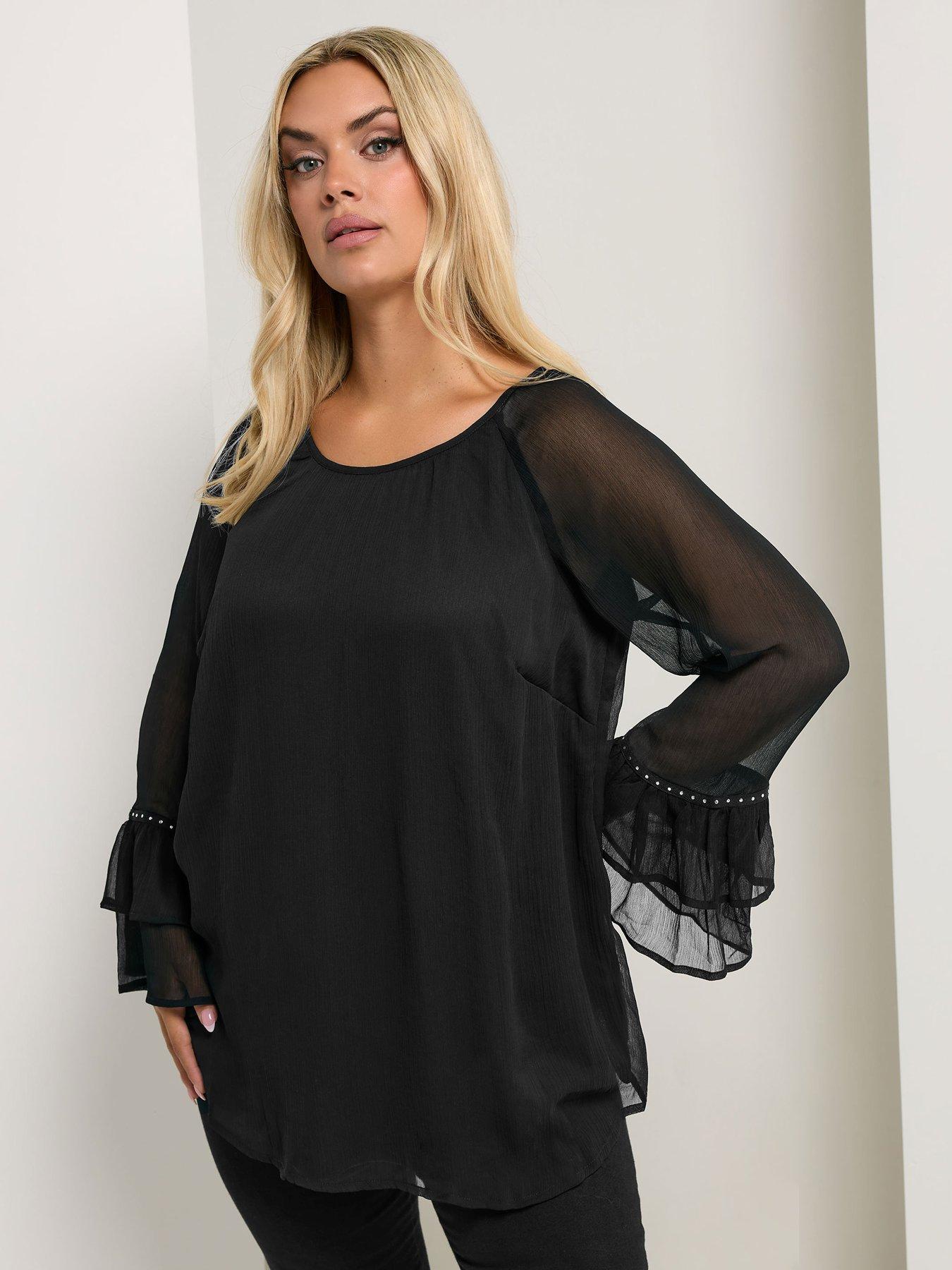 undefined Curve Ruffle Sleeve Stud Top - Black
