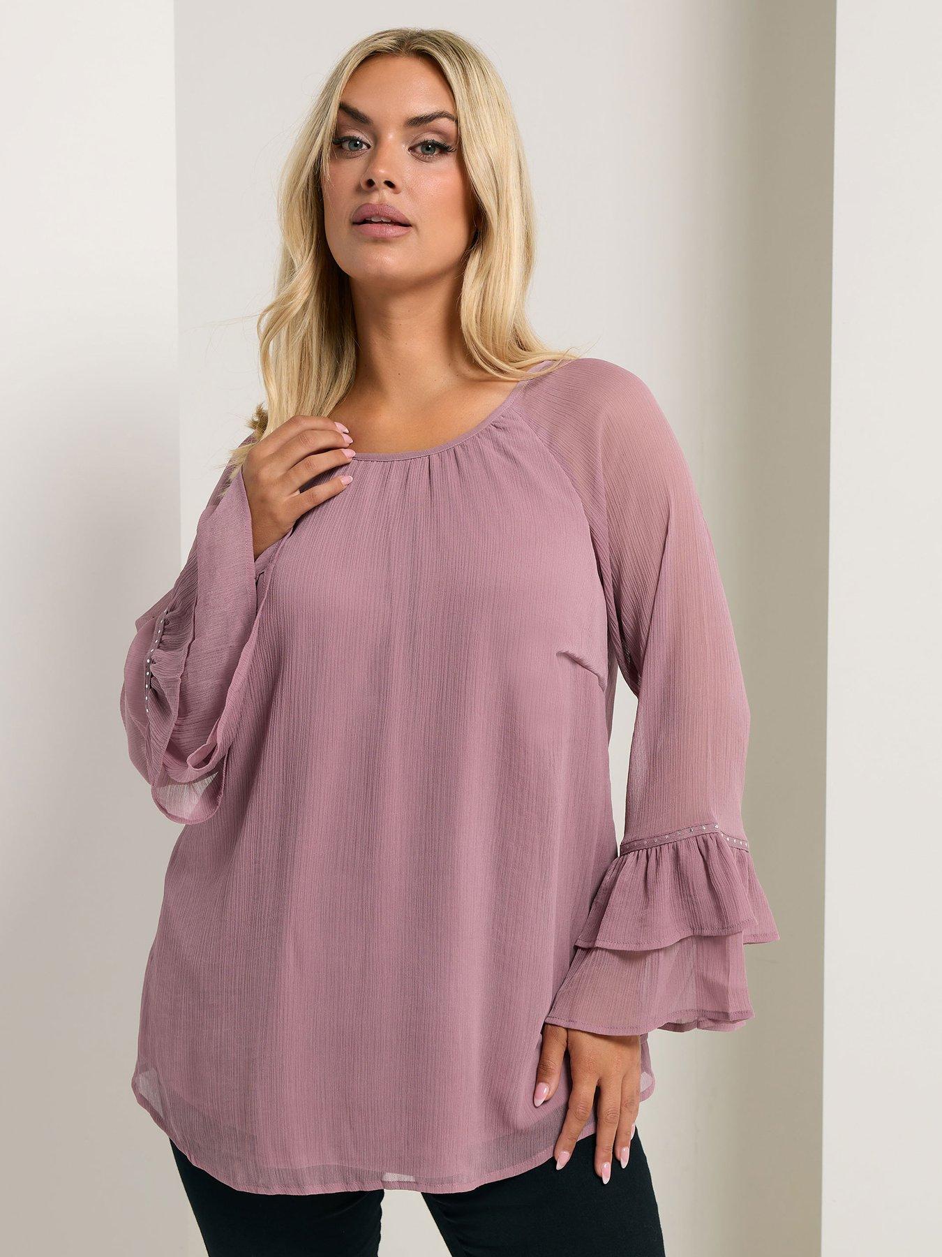 undefined Curve Ruffle Sleeve Stud Top - Purple