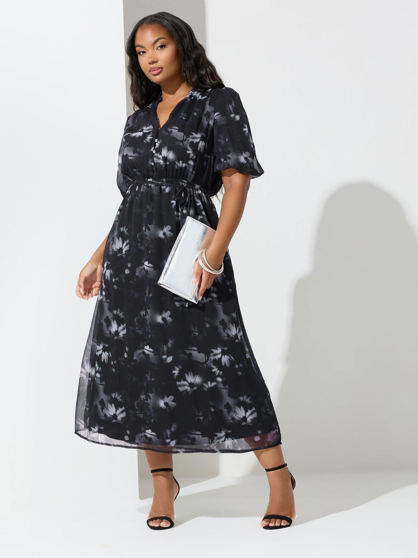 undefined Curve Floral Puff Sleeve Shirt Dress - Grey